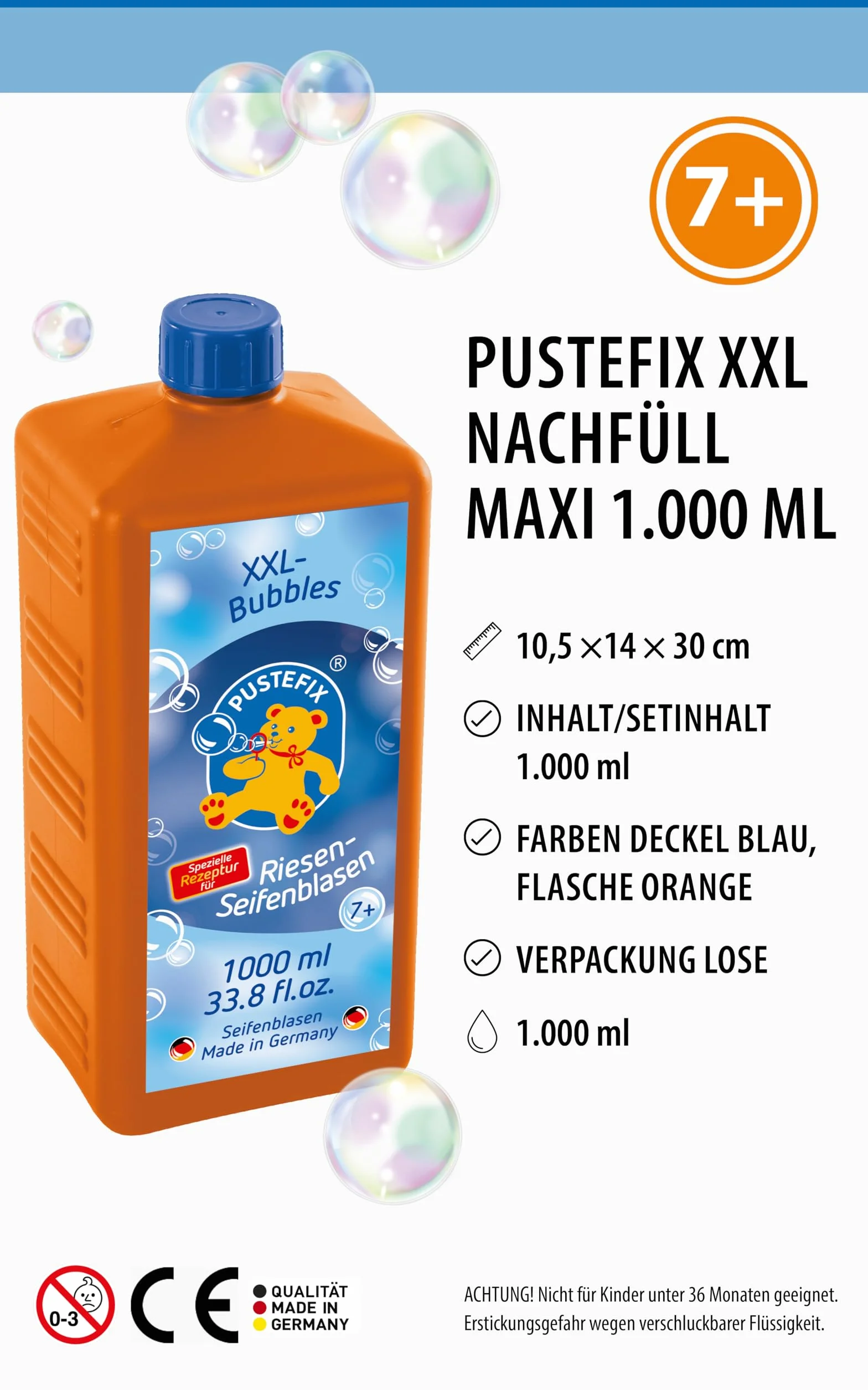 PUSTEFIX 420869872 XXL-Bubbles butelka uzupełniająca Maxi, 1000 ml wody do robienia baniek mydlanych bańki mydlane na wesele, urodziny dziecka, wieczór, ogromne bańki mydlane dla dzieci i dorosłych