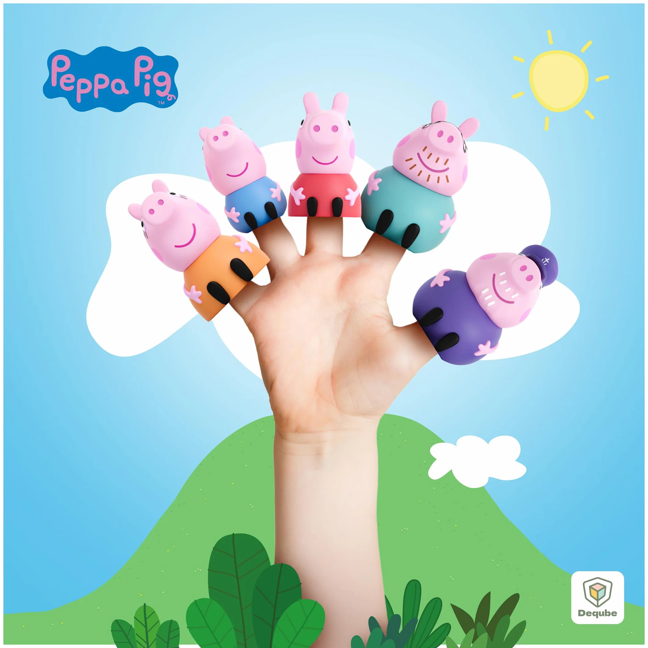 Peppa Pig - Zestaw 5 lalek z palcem Rodzina Świnka Peppa - Zabawki do wody i kąpieli - Od 3 lat (DeQube 919D00049)
