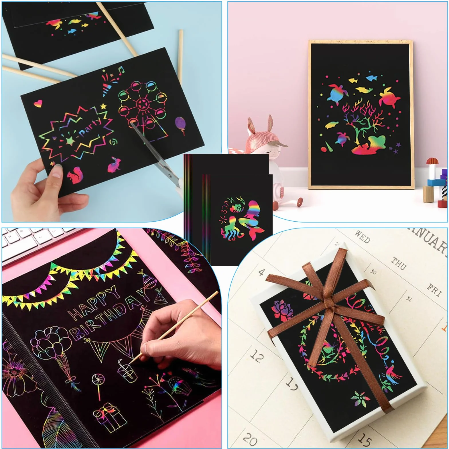 70 arkuszy obrazków do zdrapywania dla dzieci, tęczowy papier do zdrapywania z 7 drewnianymi pisakiem i 3 szablonami malarskimi, DIY Magic Scratch Book, zestaw papieru do zdrapywania dla dorosłych