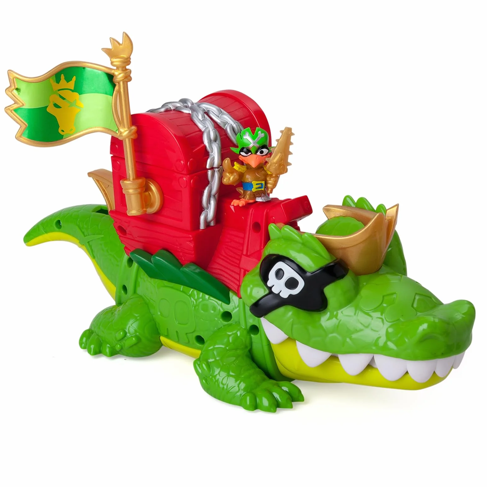 PIRATIX King Croc – krokodyl z ruchomą paszczą do chwytania Piratixów ze skrzynią na skarby. Zawartość:1 krokodyl, 1 extra moneta, 2 dodatkowe złote monety,1 ekskluzywny Piratixa i 1 akcesorium.