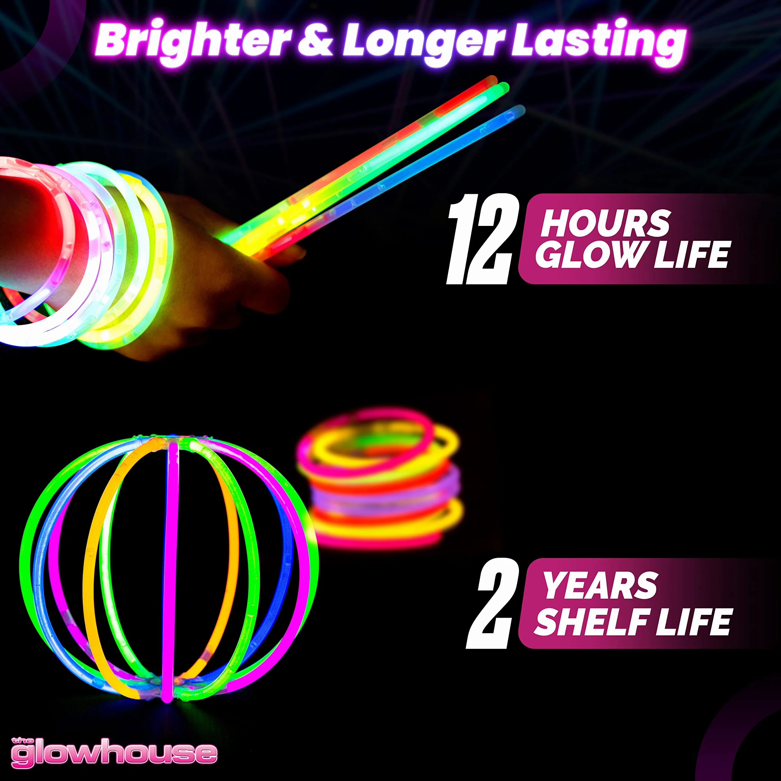 100 sztuk wysokiej jakości bransoletek Glowhouse Glow Stick, indywidualne kolory, Misura unica, Metal