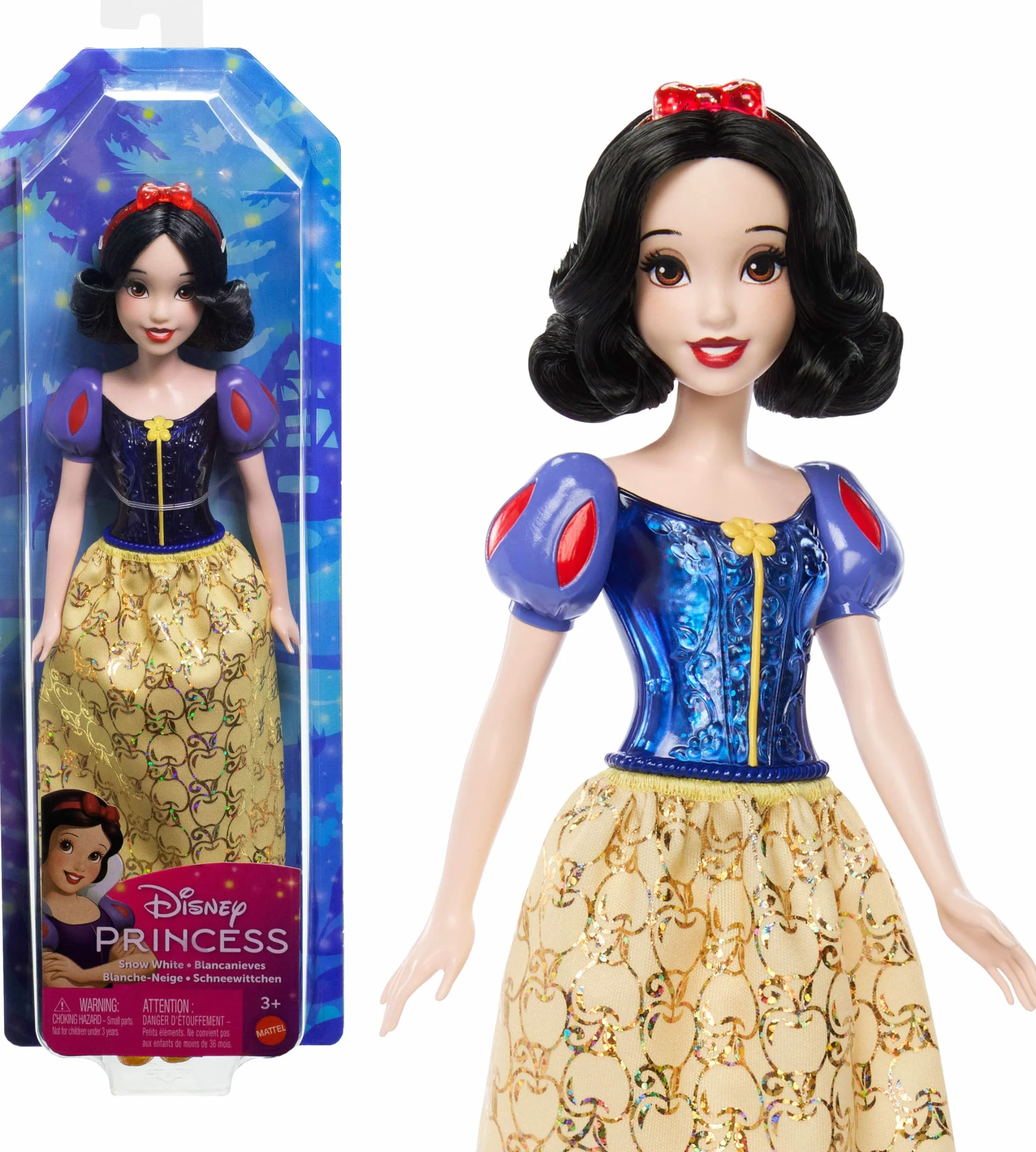 Mattel Księżniczka Disneya Śnieżka Lalka z punktami zgięcia, błyszczącym ubrankiem i akcesoriami inspirowanymi filmem Disneya, prezent dla dzieci HLW08