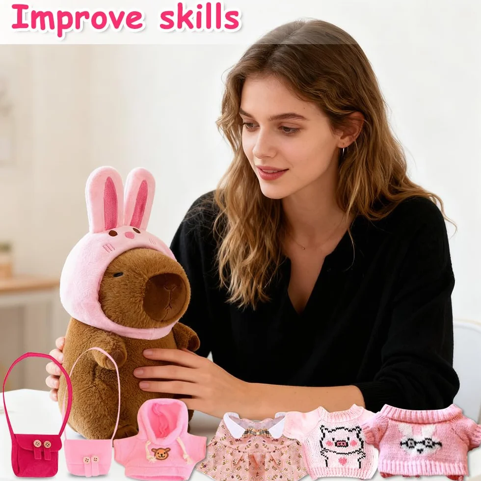 Foreverup 8 sztuk pluszowego Capybara, 25 cm Capybara przytulanka, pluszowe wodne świnki morskie z ubraniami, torebką, kapeluszem, pluszowy Capybara z ubraniami i akcesoriami do dekoracji domu