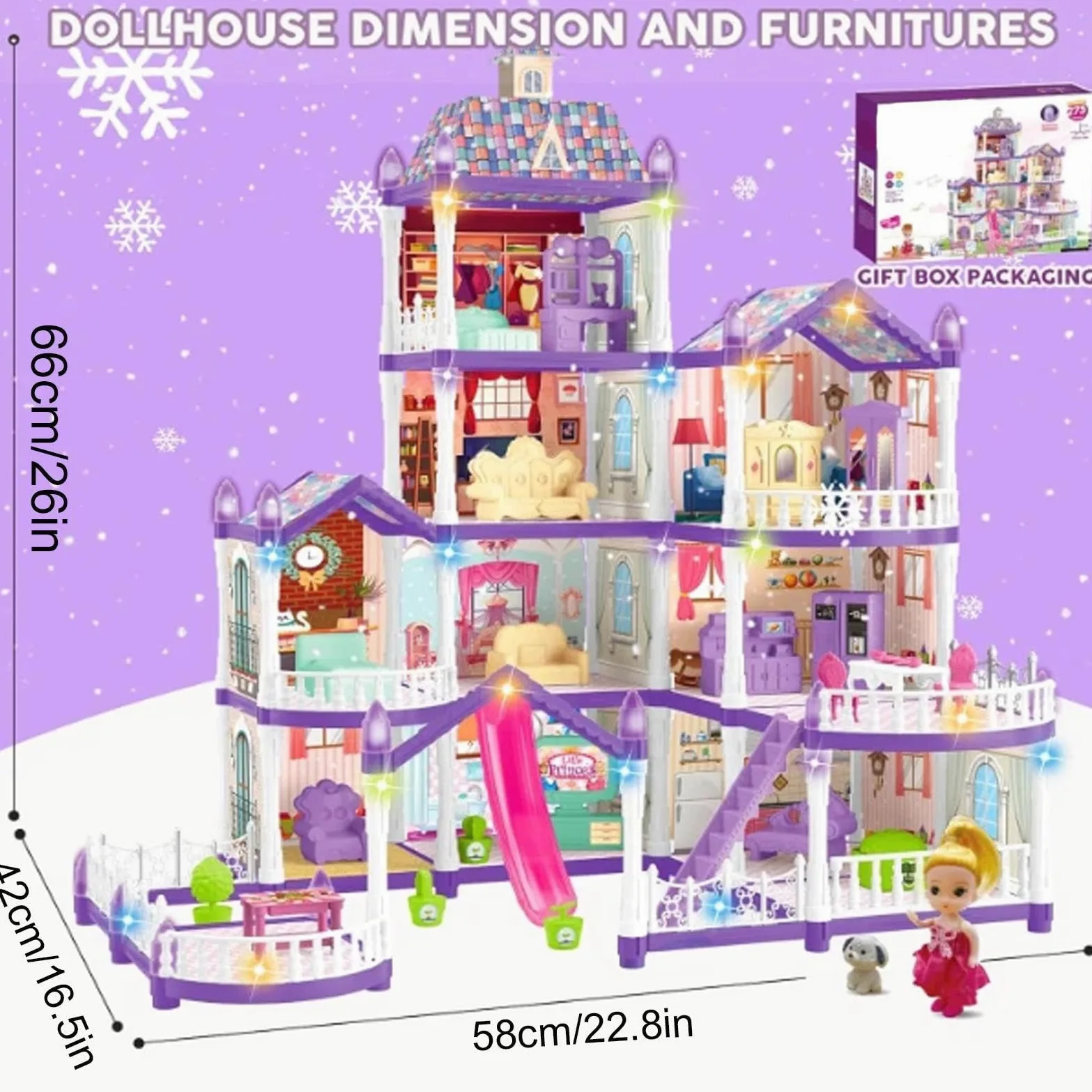 Domek dla Lalek 4-piętrowa miniaturowa willa z 13 pokojami do montażu | 3 Księżniczki, 2 Szczeniaki, Meble i Akcesoria Zestaw Domku do Zabawy Dla Dziewczynek 4-6 Lat Do Zabawy w Role