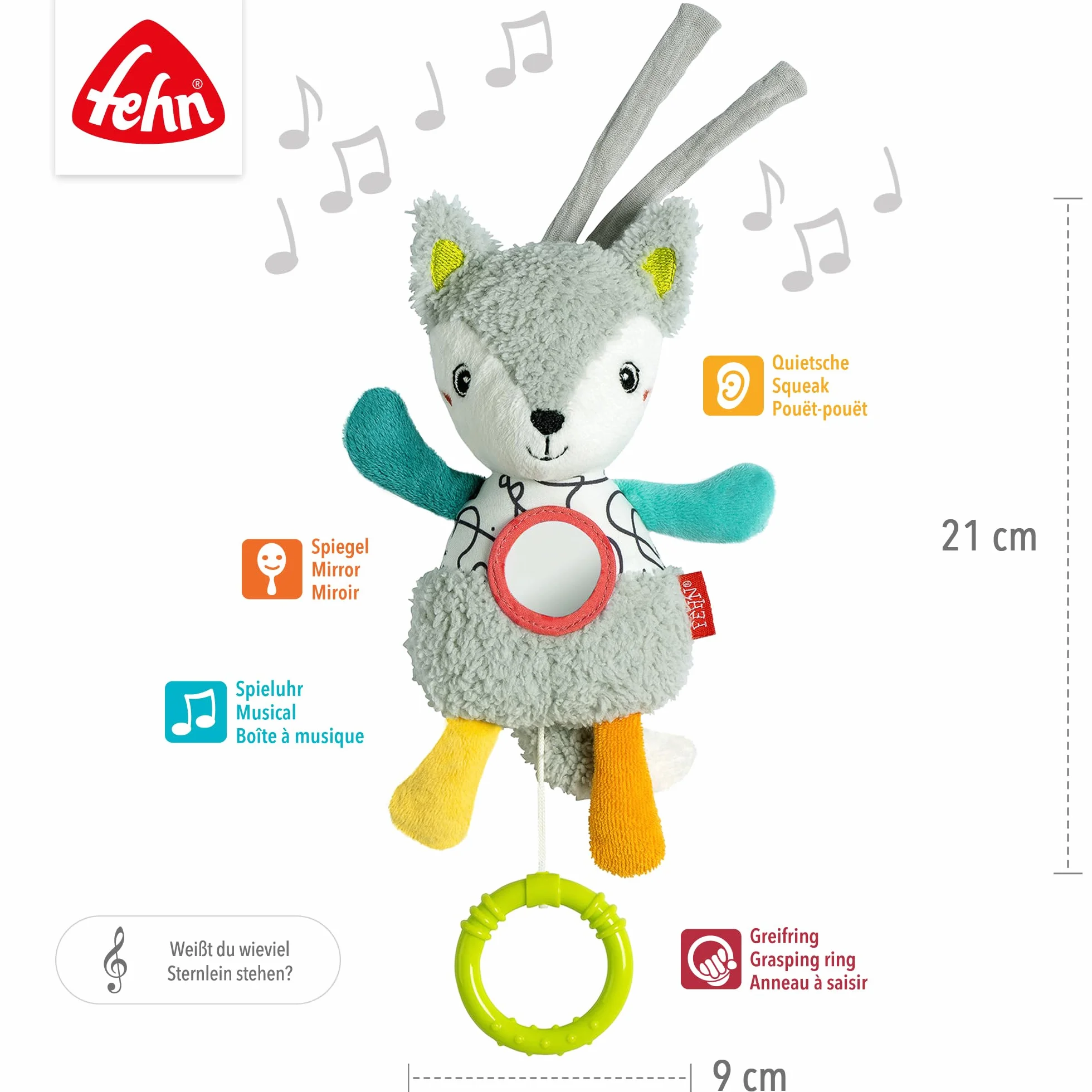 Fehn Mini-Spieluhr Fuchs – Kuscheltier & Einschlafhilfe mit Spiegel & herausnehmbarem Spielwerk – Melodie „Weißt du wieviel Sternlein stehen“ – zuhause & unterwegs – für Babys & Kinder ab 0+ Monaten