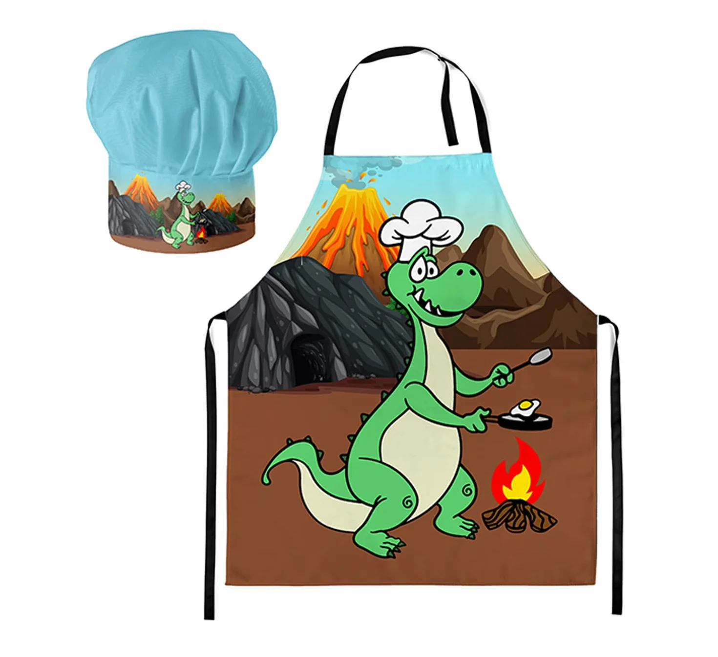 Czapka kucharska + fartuch kucharski zestaw 2-częściowy dla dzieci, dla chłopców, fartuszek kuchenny do gotowania, pieczenia z zapięciem na rzepy Dino [099]