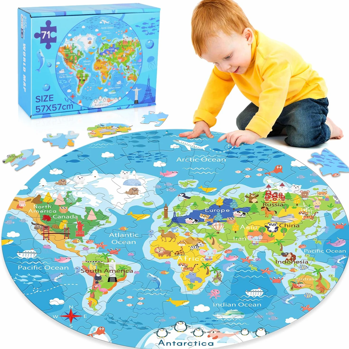 Puzzle dla dzieci, 71 elementów mapy świata puzzle dla 3-latków, okrągłe puzzle dla chłopców i dziewcząt w wieku od 3 do 8 lat, edukacyjne gry edukacyjne, zabawki urodzinowe dla