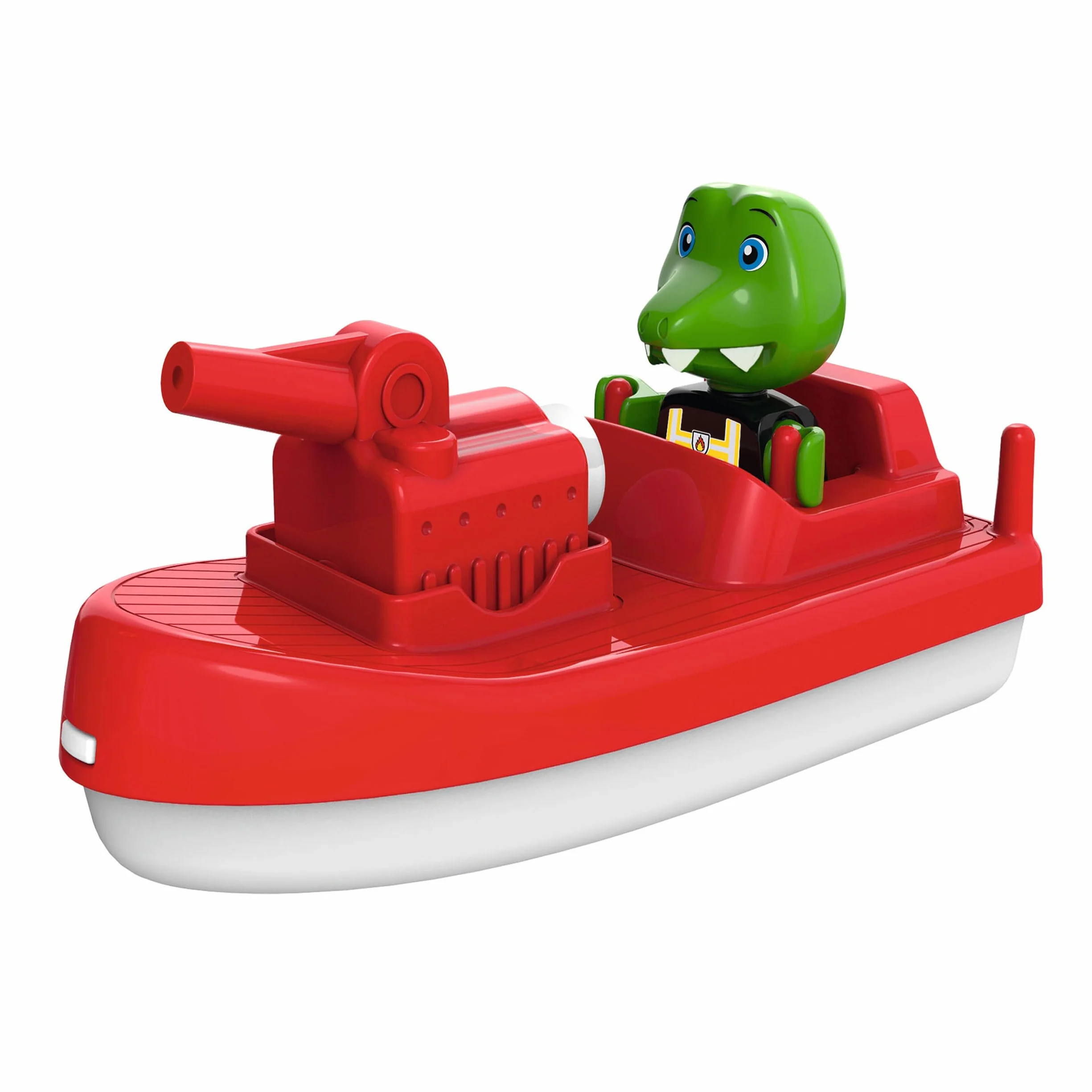AquaPlay 8700000273 - FireBoat – akcesoria do torów wodnych AquaPlay lub wanny, straż pożarna z Sven dem krokodyl, funkcja natrysku wody, dla dzieci od 3 lat, czerwony