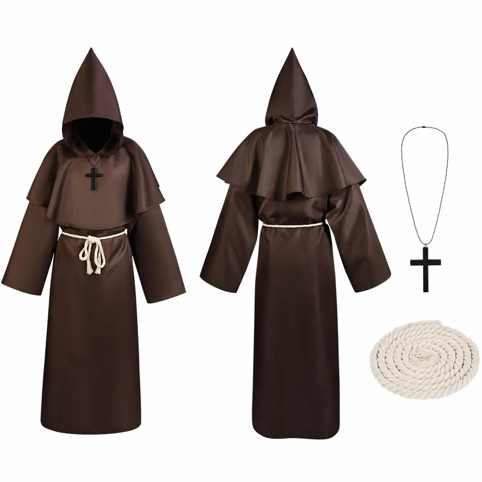 AUYAO Kostium mnicha dla dzieci, szlafrok cosplay, fantazyjny kostium, średniowieczny szlafrok z kapturem, renesans, płaszcz z kapturem, rycerz, vintage, niegodziwy kostium, Halloween, karnawał