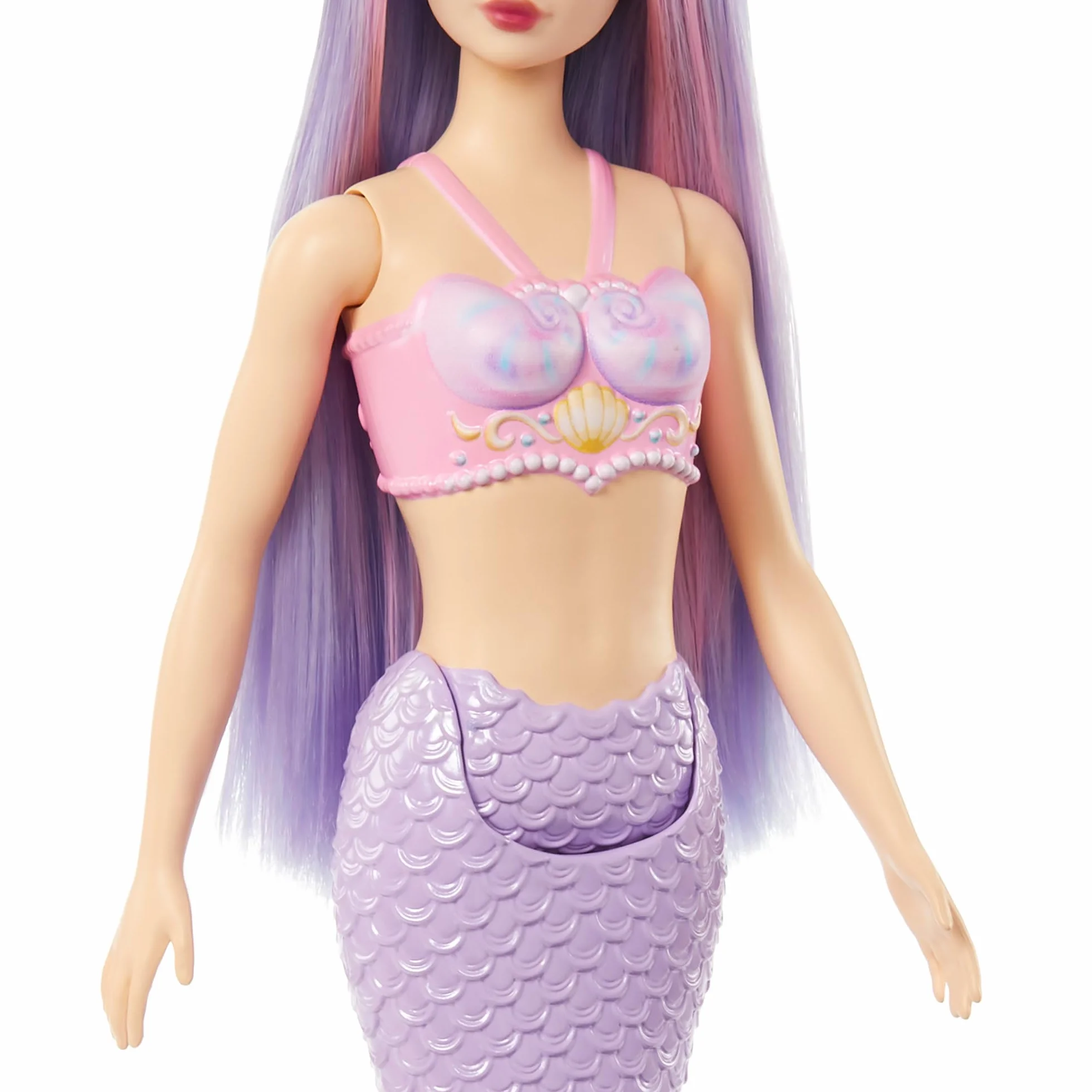Barbie Syrenka podstawowa Lalka z długimi fioletowymi włosami, opaską do włosów, muszelkowym topem i lawendowym ogonem, HRR06