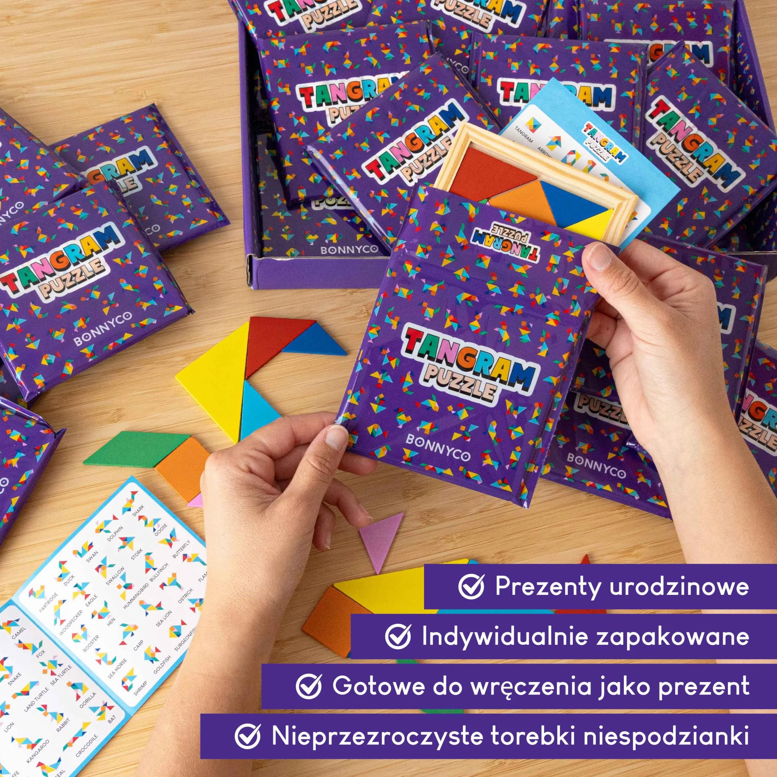BONNYCO Puzzle Tangram dla Dzieci Pakiet 30 Wypełniaczy do Torebek Imprezowych Unisex. Wypełniacze do Torebek Imprezowych Dla Maluchów. Prezenty na Przyjęcia Dzieci