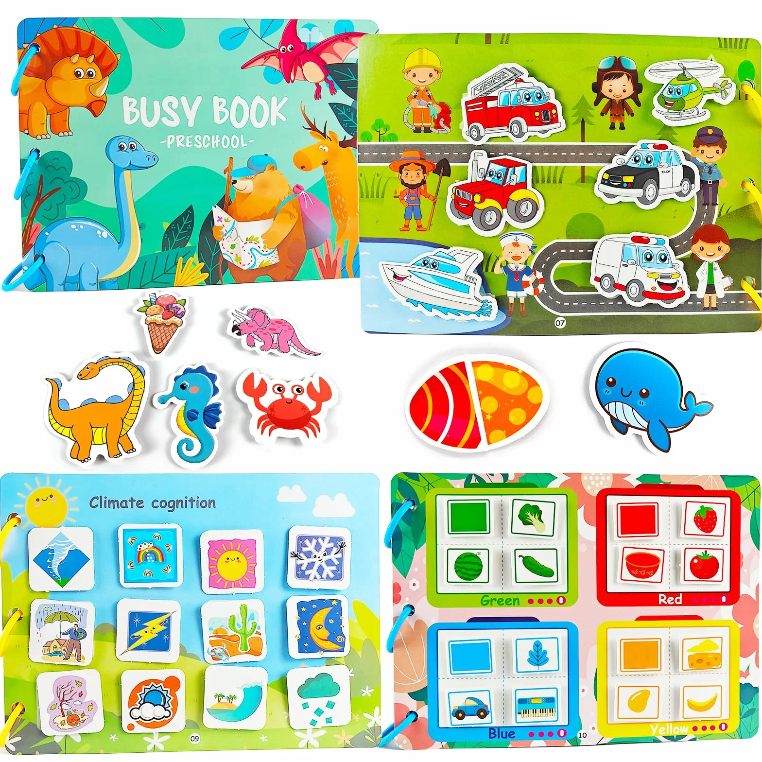 Montessori Busy Book dla małych dzieci, od 1, 2, 3, 4, 5 lat, Quiet Book do nauki zwierząt, kolorów, kształtów, owoców, warzyw, pojazdów, pogody, żywności i dinozaurów