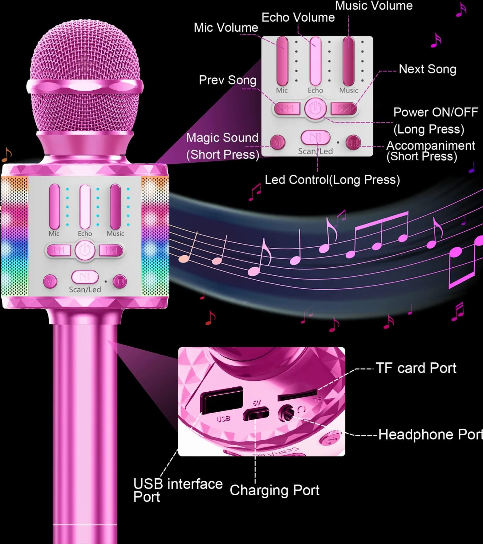 Mikrofon do karaoke, bezprzewodowy mikrofon Bluetooth dla dzieci z diodami LED, przenośna maszyna do karaoke do śpiewania, zabawka dla dziewczynek i chłopców, mikrofon karaoke, prezenty