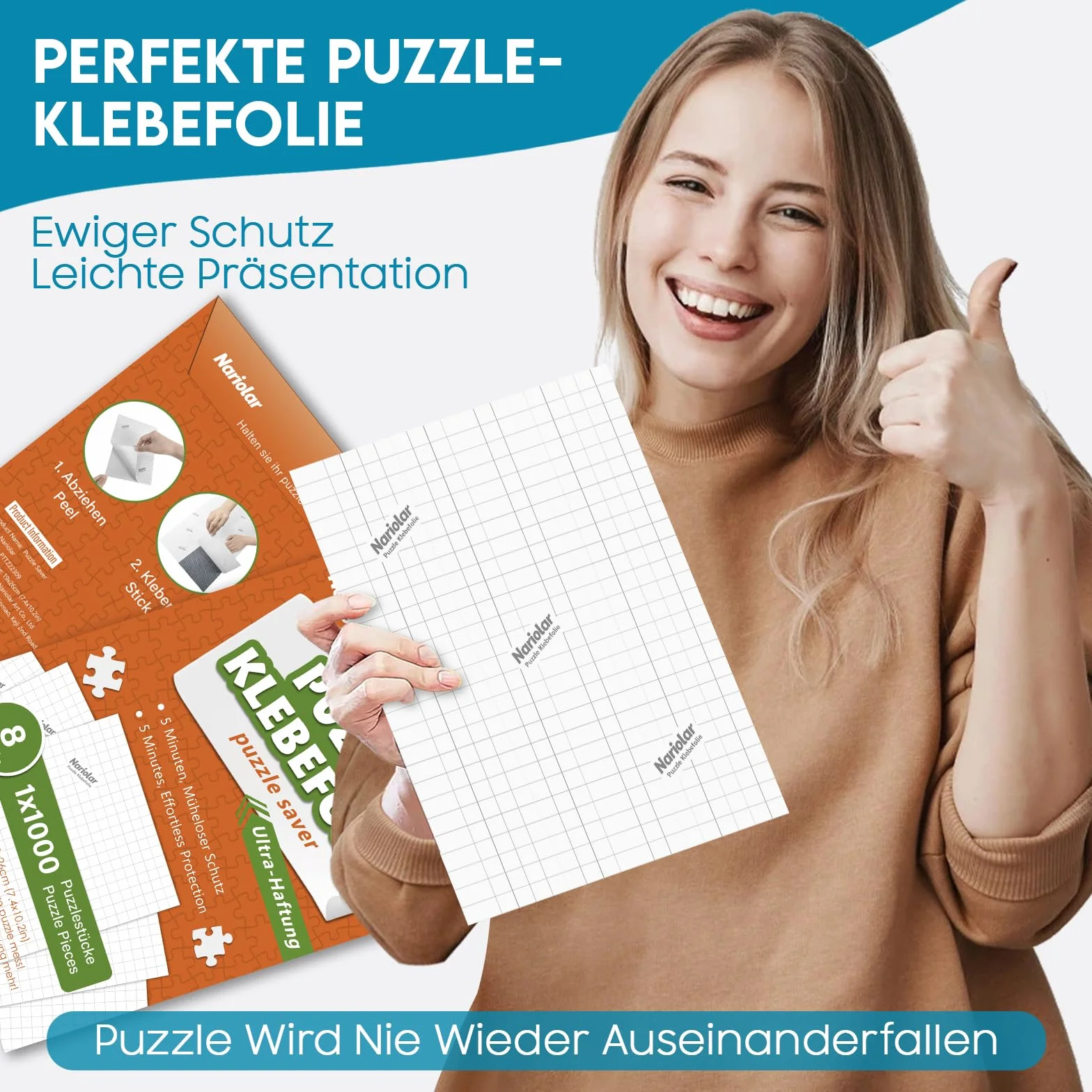 Nariolar Ultra-przyczepna folia samoprzylepna, 8 super kleju do puzzli, do uzyskania 1000 elementów puzzli i ochrony puzzli w ciągu zaledwie kilku minut