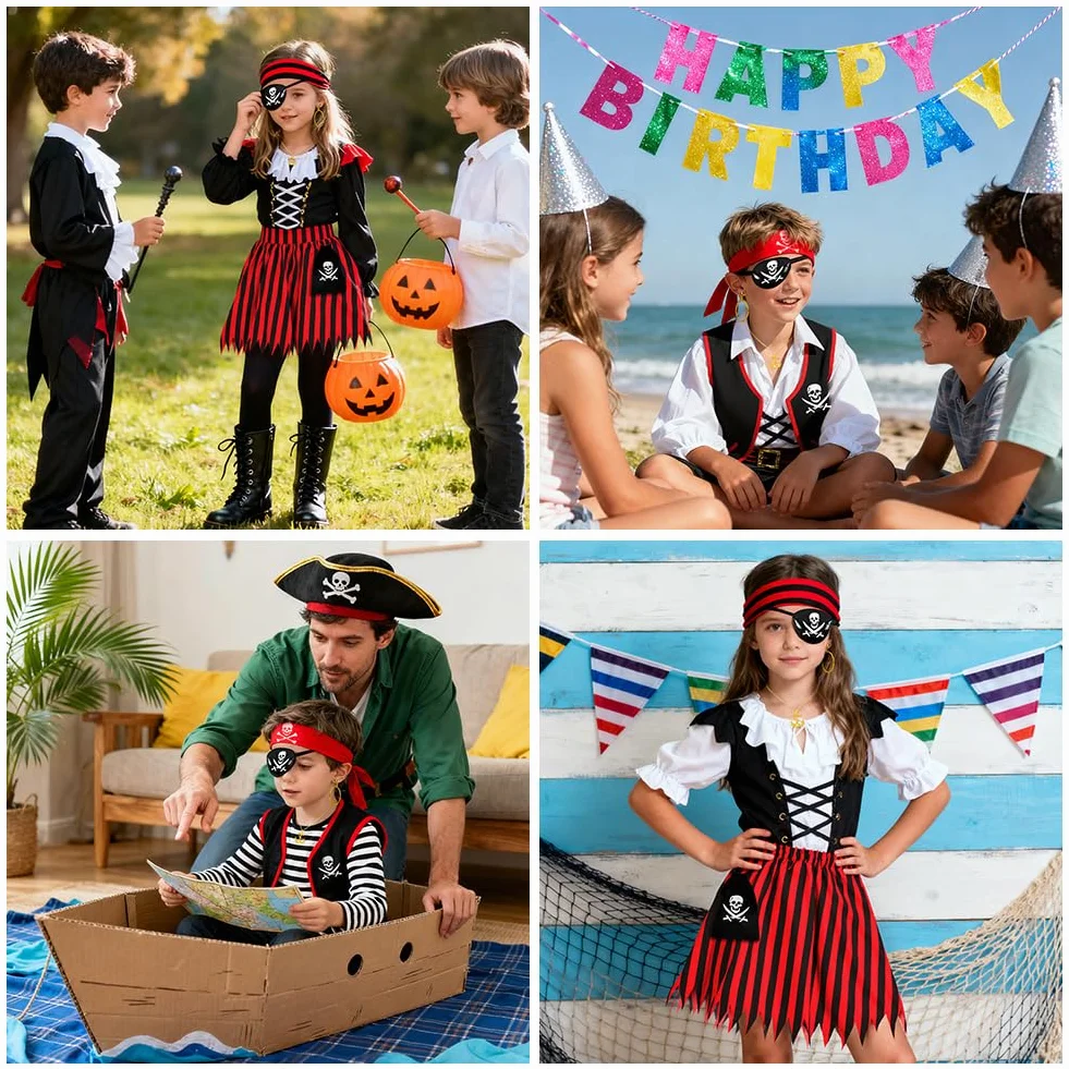 AOOWU Kostium pirata dla dziewcząt, zestaw do odgrywania ról, ze spódnicą piracką i opaską na głowę, sukienka księżniczki Buccaneer dla dziewcząt, przebranie kapitana pirata, na przyjęcie urodzinowe