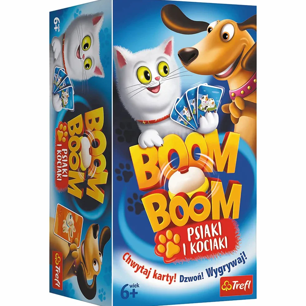 Trefl, Boom Boom, Psiaki i Kociaki, Dynamiczna Gra Familijna, Zabawa Dla Całej Rodziny, Gra Karciana z Dzwonkiem, Pieski, Kotki, Familijna Gra Dla Dzieci od 6 Lat