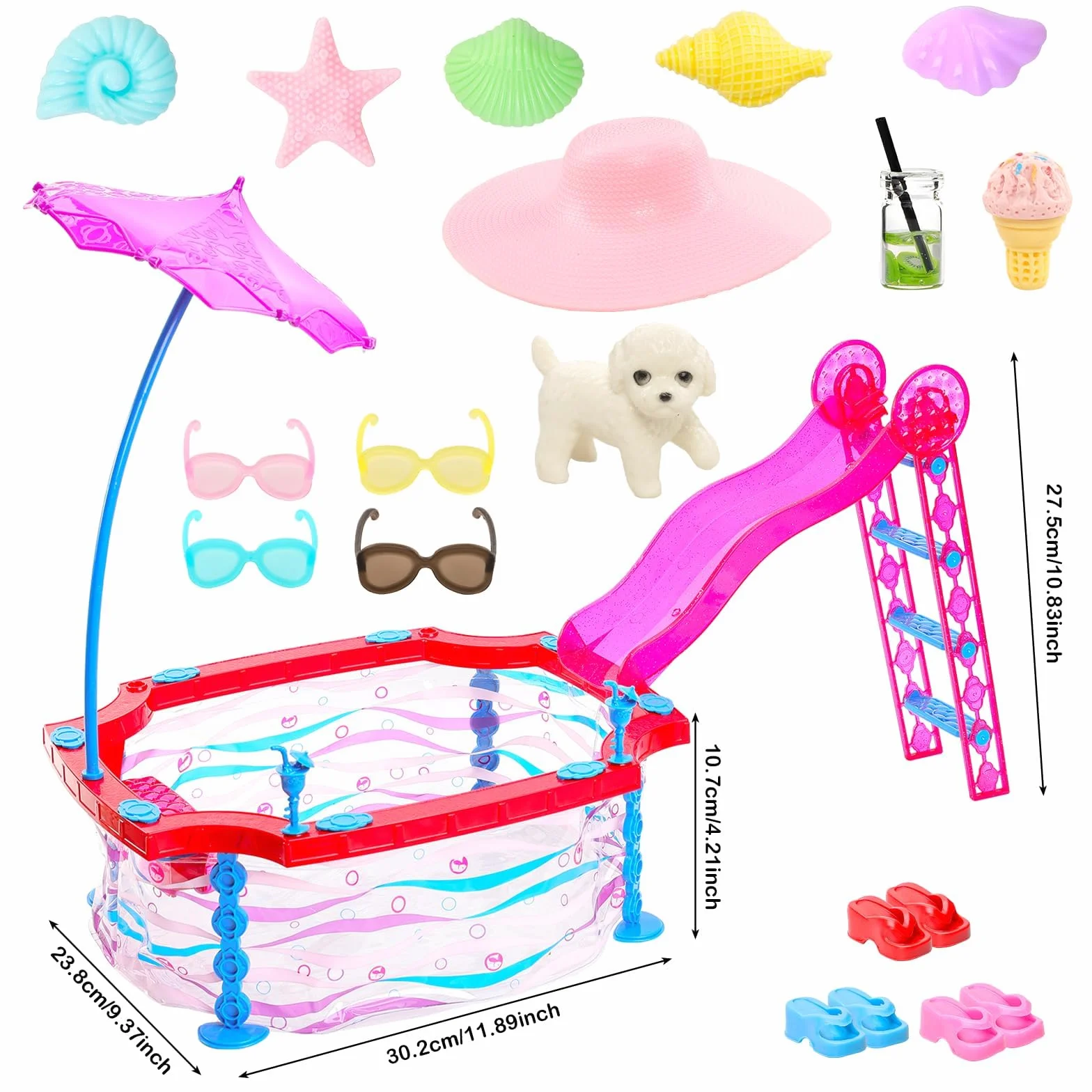 Glam zestaw do zabawy 30 cm, dla dziewczynek, zestaw do zabawy, zawiera basen ze zjeżdżalnią, kostium kąpielowy, strój kąpielowy, bikini, krzesło plażowe, okulary, ręcznik, koło do pływania i inne