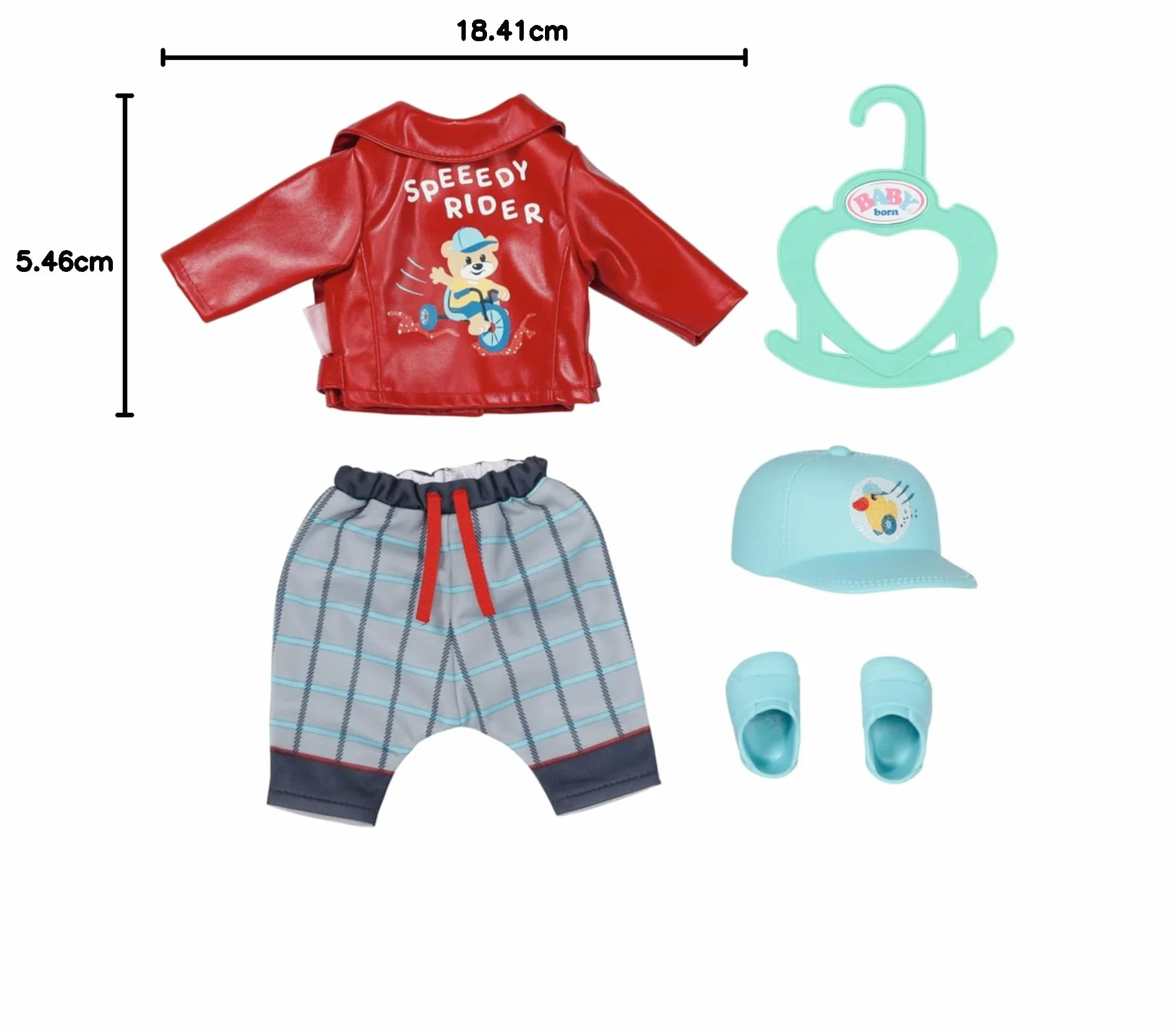BABY Born Mały fajny strój dziecięcy 832356 – wysokiej jakości akcesoria odzieżowe dla lalek BABY born 36 cm dla małych dzieci – zawiera kurtkę, spodnie, trampki, czapkę i wieszak – odpowiedni dla