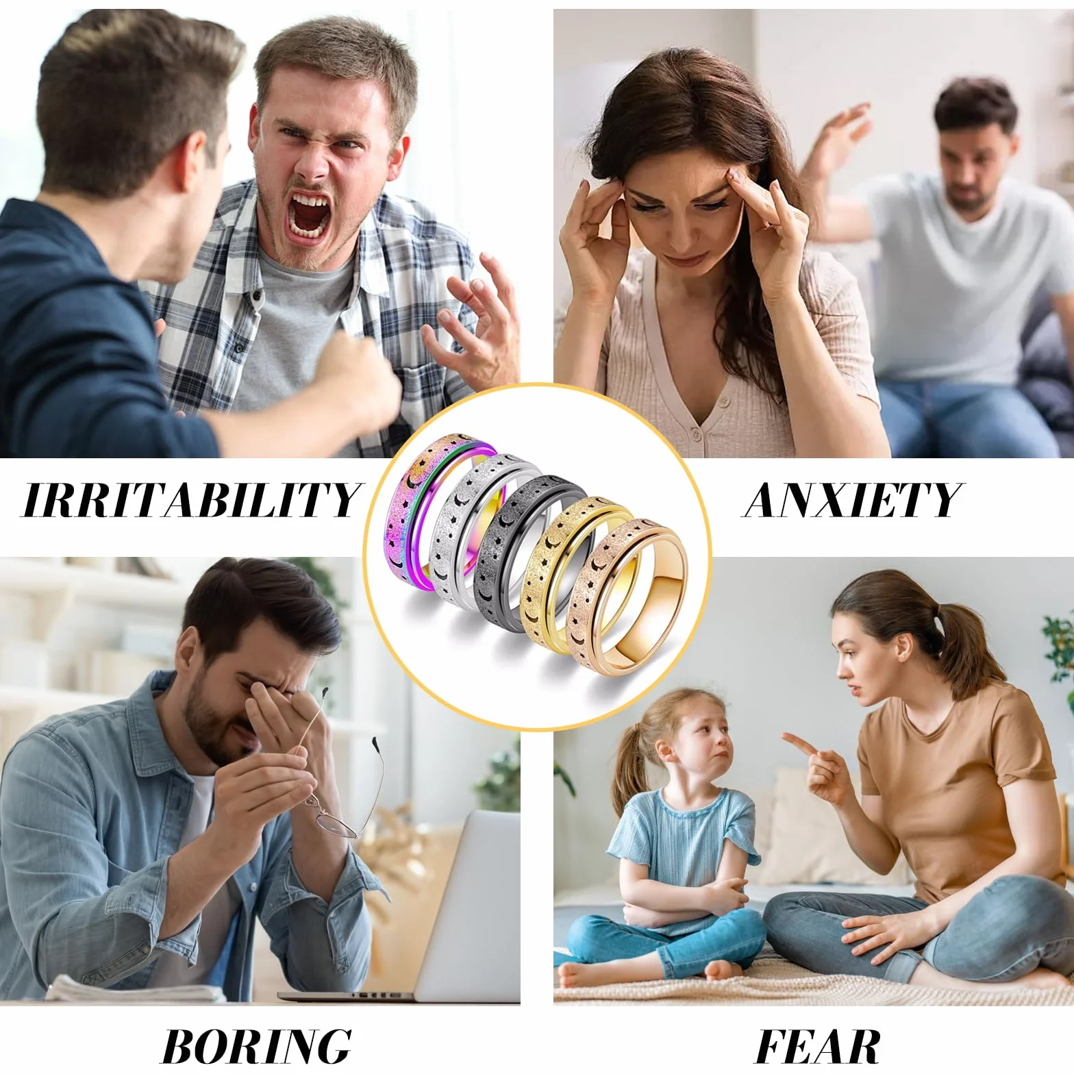 5 sztuk Anxiety Rings Obrotowe Pierścienie, Stal Tytanowa Antystresowa Kobieta, Piaskowane Wykończenie Księżyc Gwiazda Pierścień Antystresowy Kobiety, Dla Mężczyzn Kobiety Łagodzi Stres Lęk