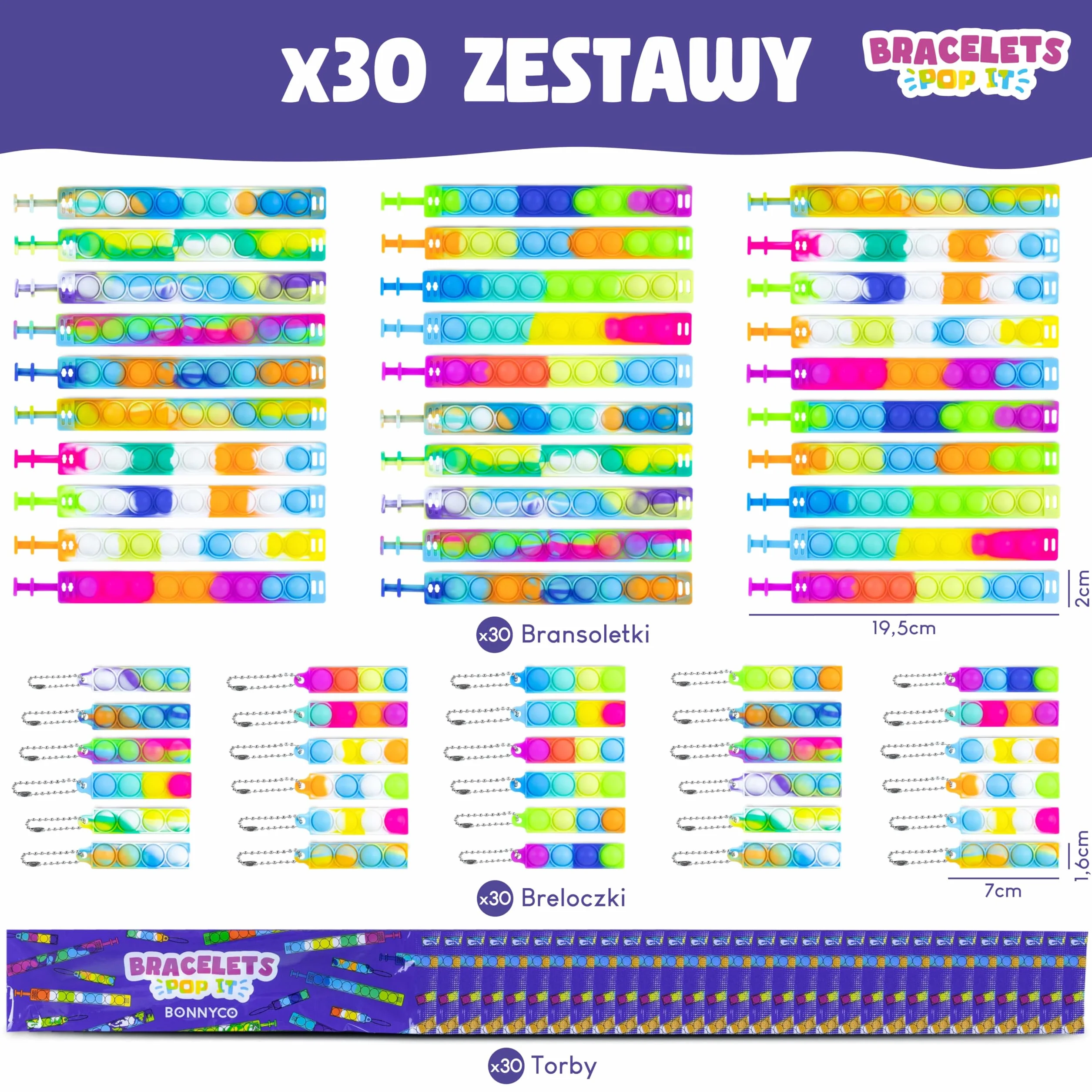 BONNYCO Bransoletki i Breloczki Pop It do Wypełniania Worków na Imprezę dla Dzieci Unisex 30 Szt. Wypełnienie Worków Imprezy, Zabawki Antystresowe, Upominki na Przyjęcie Dziecięce