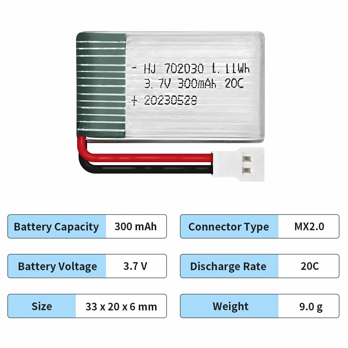 HAWK'S WORK 2 Akumulatory Lipo 3.7V, 300 mAh Akumulator Litowo-polimerowy do Drona Helikoptera RC Wszystkie Modele i Zabawki (MX2.0 Złącze)