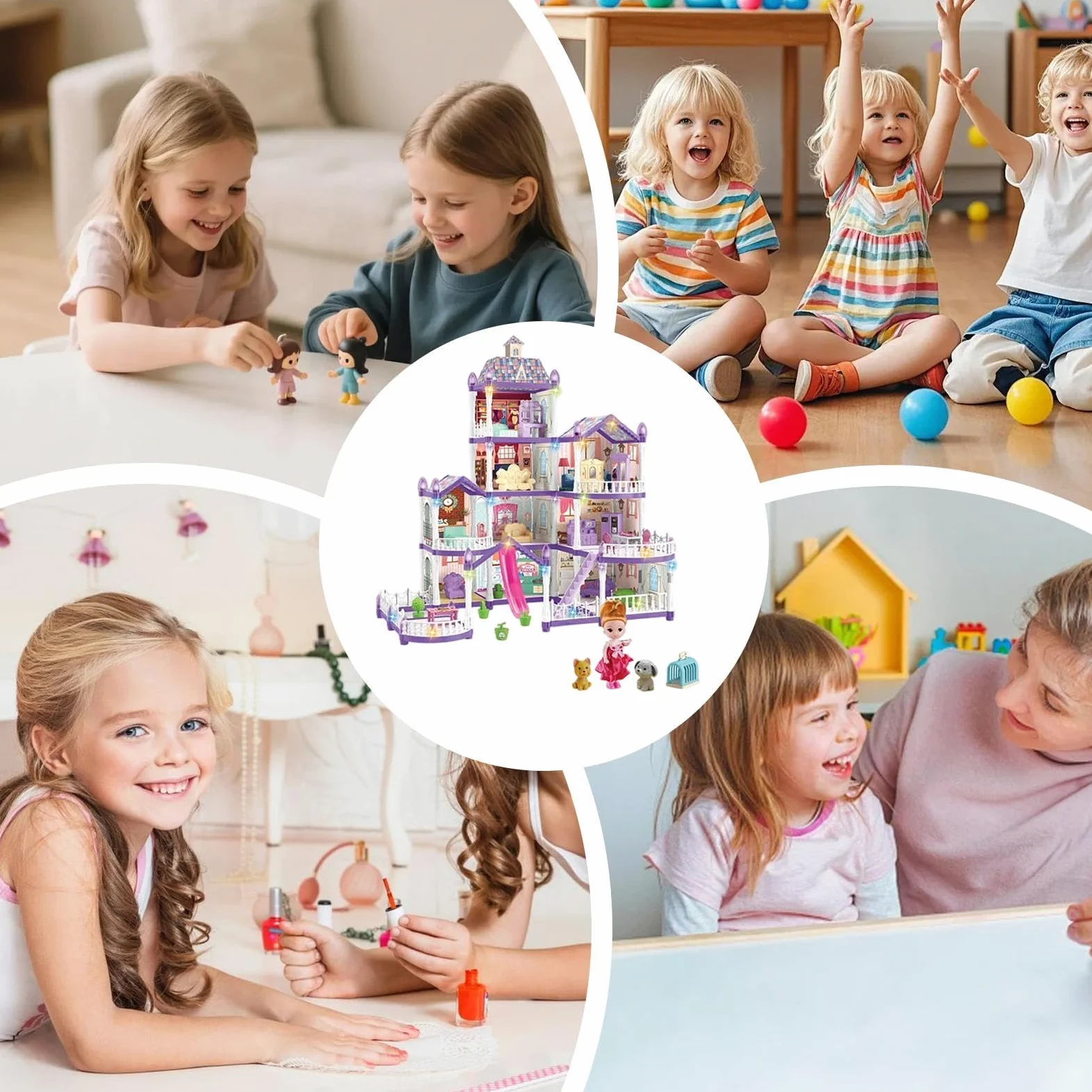 Domek dla Lalek 4-piętrowa miniaturowa willa z 13 pokojami do montażu | 3 Księżniczki, 2 Szczeniaki, Meble i Akcesoria Zestaw Domku do Zabawy Dla Dziewczynek 4-6 Lat Do Zabawy w Role