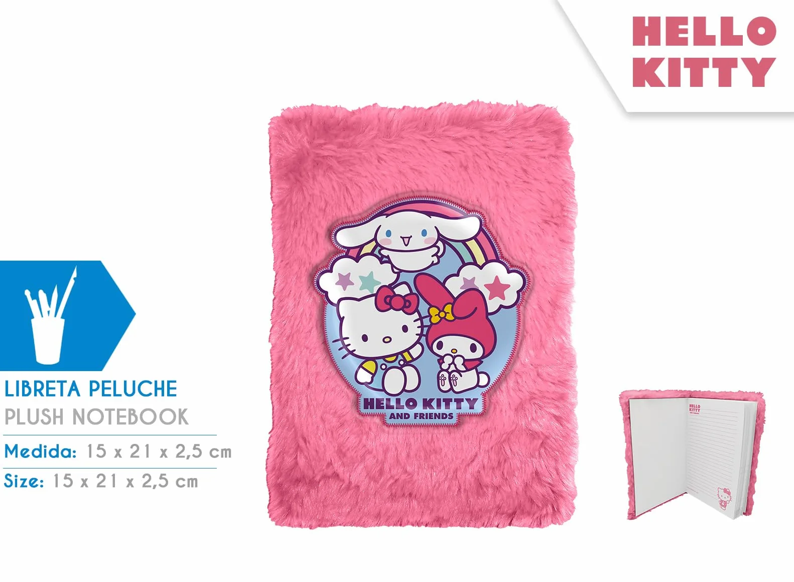 Kids Licensing - Pluszowy notatnik A5 w paski do pisania - miękki notatnik dla dzieci od Hello Kitty & Friends dla dziewczynek, idealny na prezent