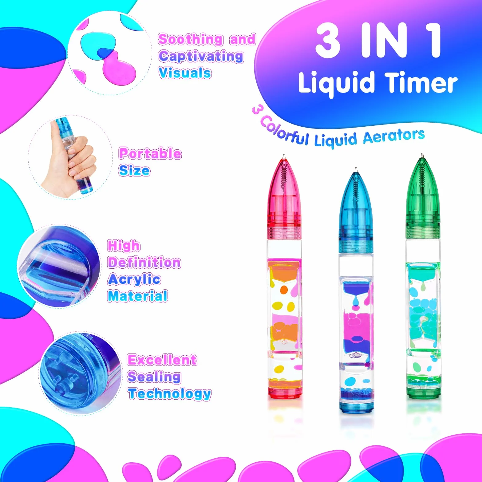 OSDUE Płynny zegar sensoryczny, zegar klepsydrowy, 3-częściowy zestaw timera klepsydry, Home Office Crafts Decor, Relief w stresie, do domu, kuchni, sportu i gier oraz biura Timer (E-3 szt.)