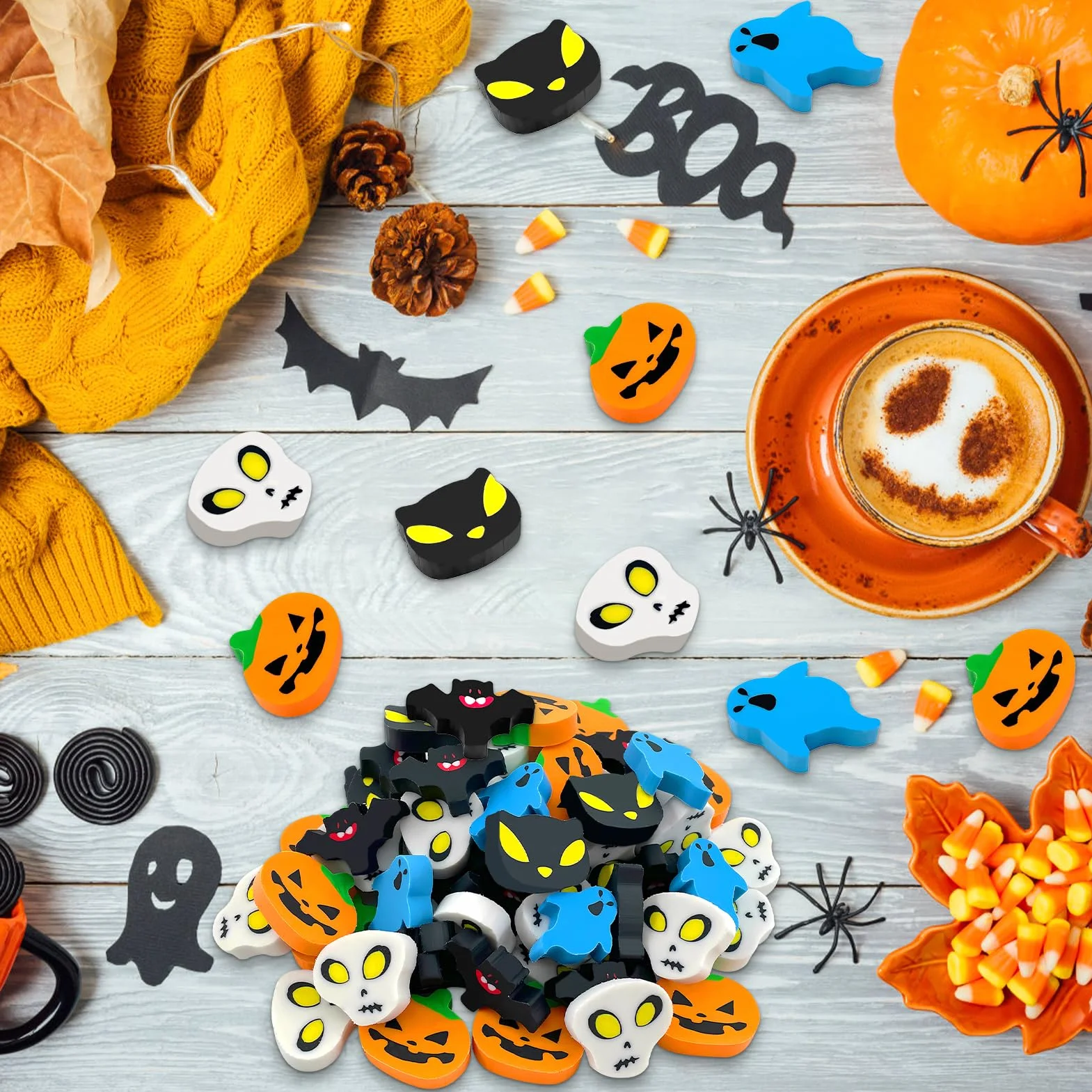 50 Sztuk Mini Gumek do Ścierania na Halloween - Dynia i Czaszka - Prezent dla Dzieci, Biuro i Artykuły Papiernicze