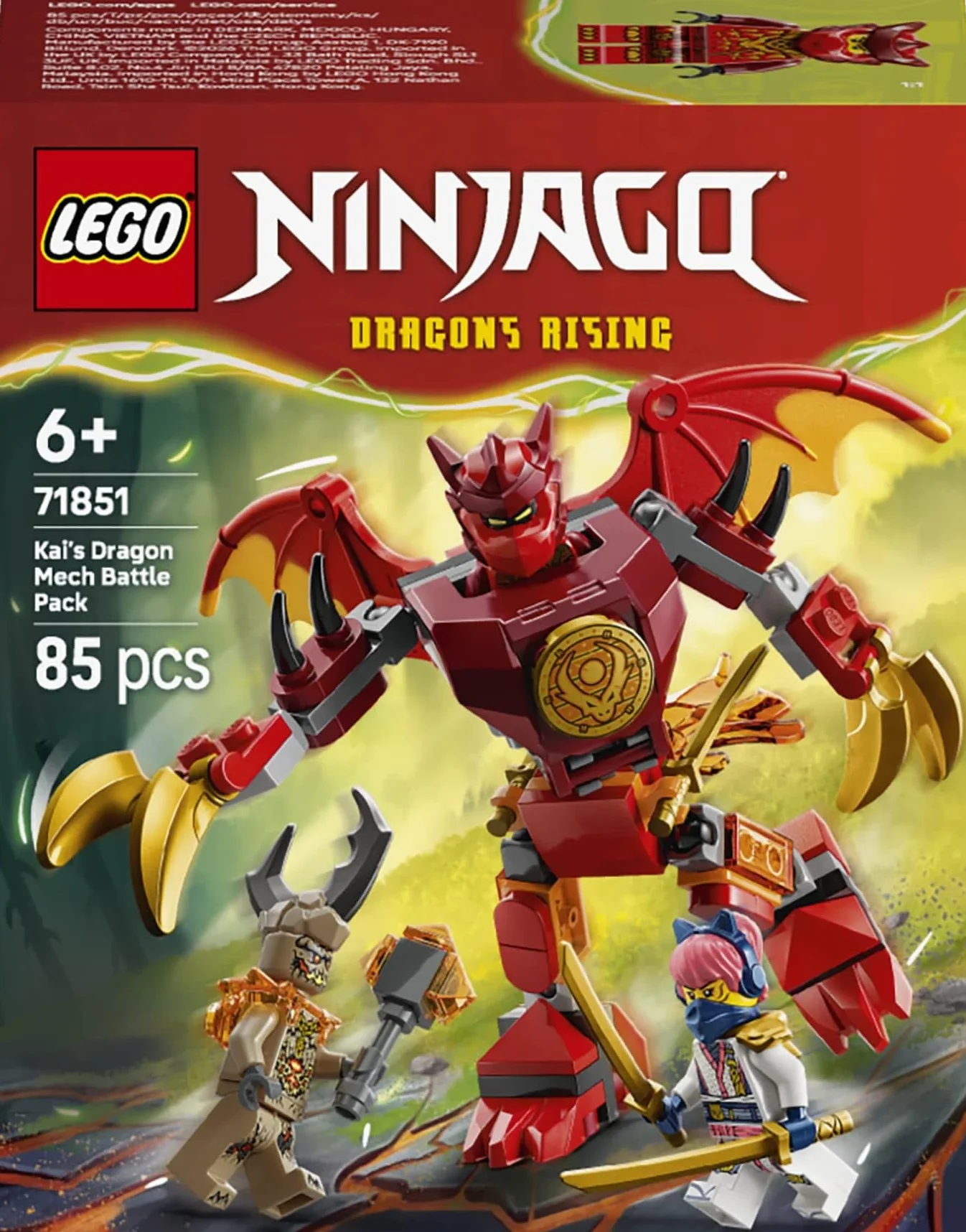 LEGO NINJAGO Smok-mech Kaia — zestaw bitewny, zabawka dla dzieci w wieku od 6 lat, zestaw klocków z trzema minifigurkami, drobny upominek, ninja prezent urodzinowy dla chłopca i dziewczynki 71851