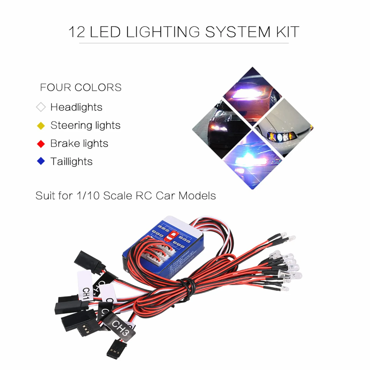 WANGCL Zestaw świateł do samochodu RC 12 LED Zestaw świateł kierowniczych i hamulcowych Smart Simulation Strobe Light dla samochodu RC 1/10 RC Auto/LKW/Crawler
