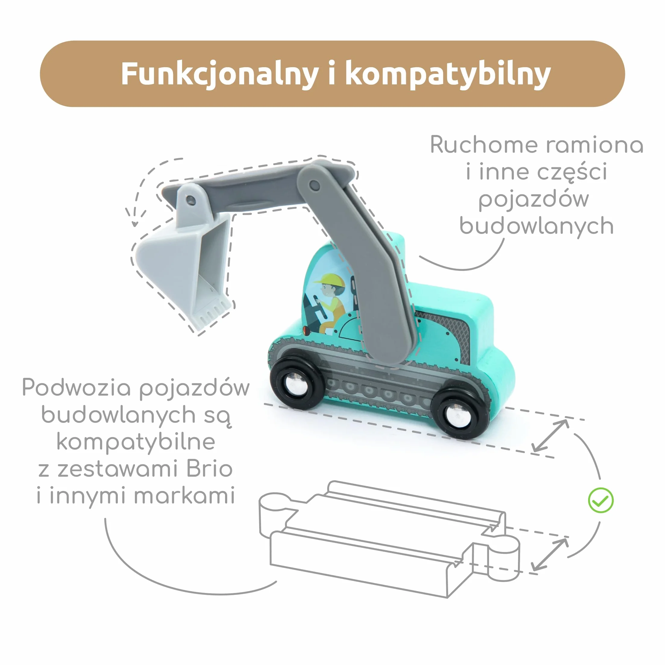 UMU® Drewniany zestaw do zabawy dla dzieci, kompatybilny z Brio World i innymi markami, zawiera koparkę, dźwig, wałek i wiele innych, 8 szt., od 3 lat