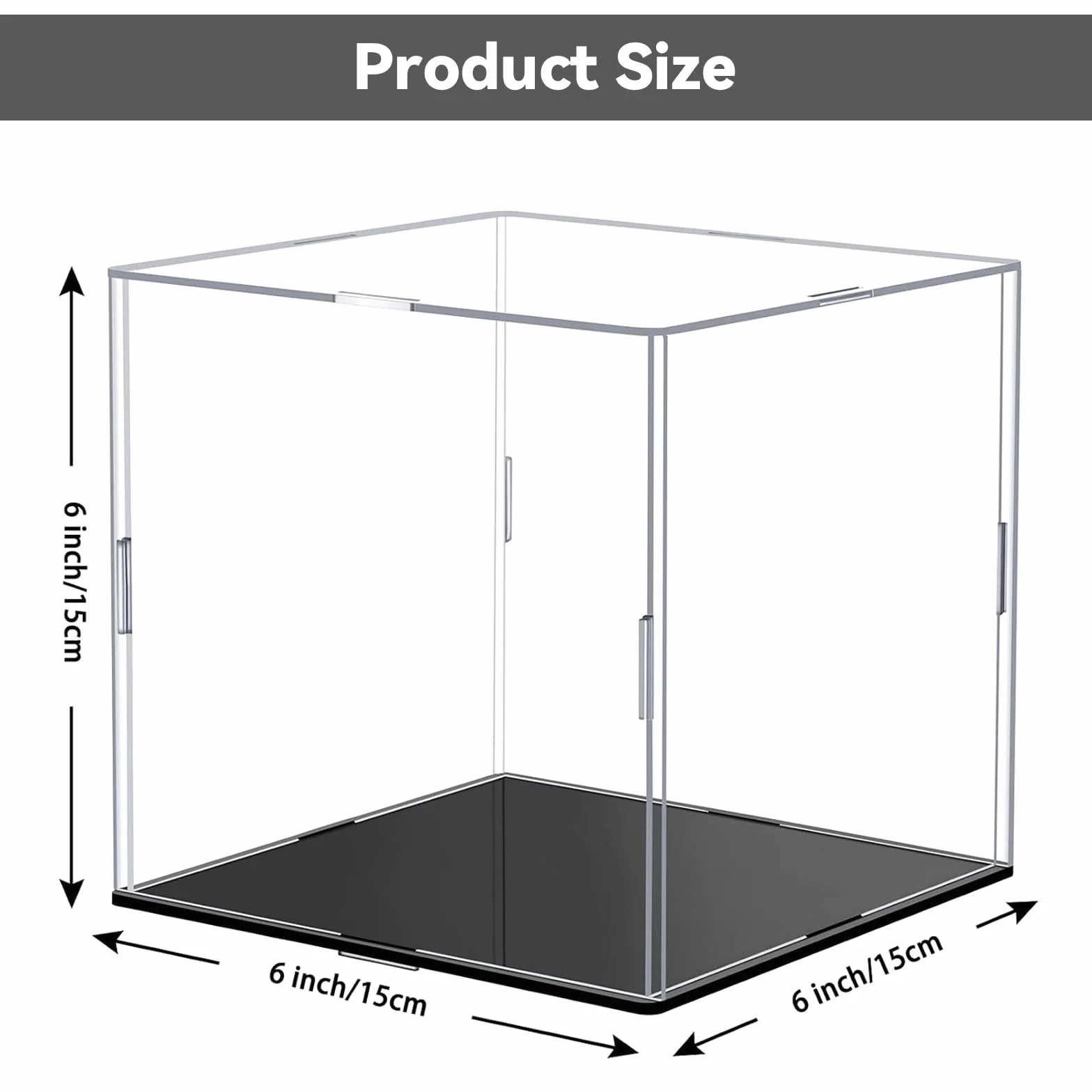 ZhouWei Teca Plexiglass, przezroczysta wystawa z pleksiglasu pyłoszczelna, akrylowa wystawa ekspozycyjna witryna do modelowania z czarną podstawą, do zabawek kolekcja figur (15 × 15 × 15 cm)