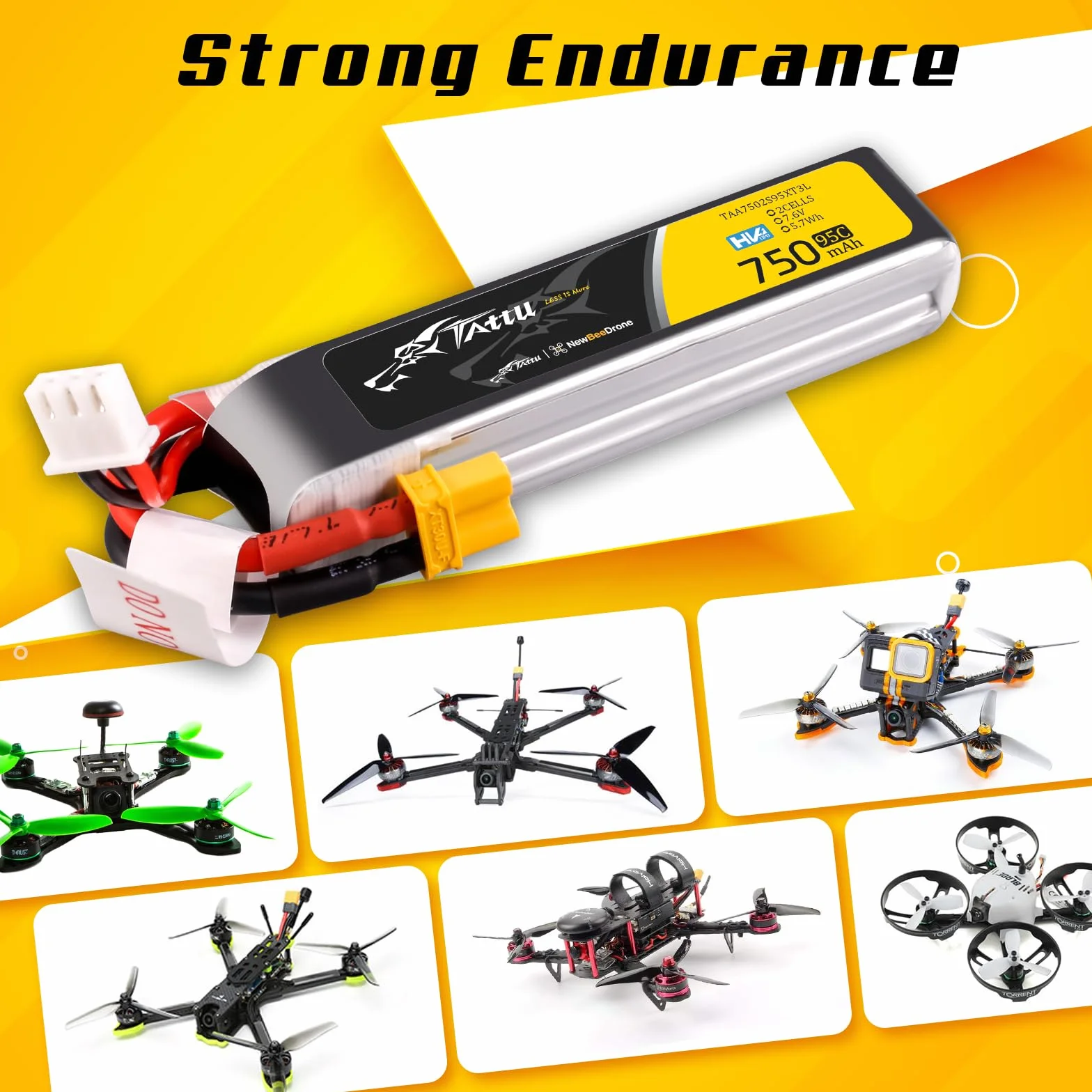 TATTU 2s Lipo akumulator 750mAh 95C 7.6 V HV LiPo Długa kumulator z wtyczką XT30 do samochodu Quadrocopter wyścigowy FPV H z ramą UAV