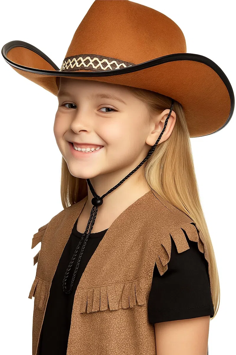 Boland 54370 - Kapelusz dziecięcy Kowboy Junior, brązowy, obszycie, sznurek do kapelusza, jeden rozmiar, karnawał, Halloween, karnawał, impreza tematyczna, kostium, teatr, przebranie, akcesoria