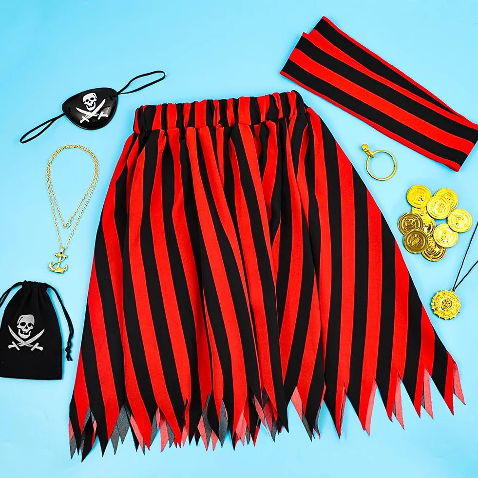 AOOWU Kostium pirata dla dziewcząt, zestaw do odgrywania ról, ze spódnicą piracką i opaską na głowę, sukienka księżniczki Buccaneer dla dziewcząt, przebranie kapitana pirata, na przyjęcie urodzinowe