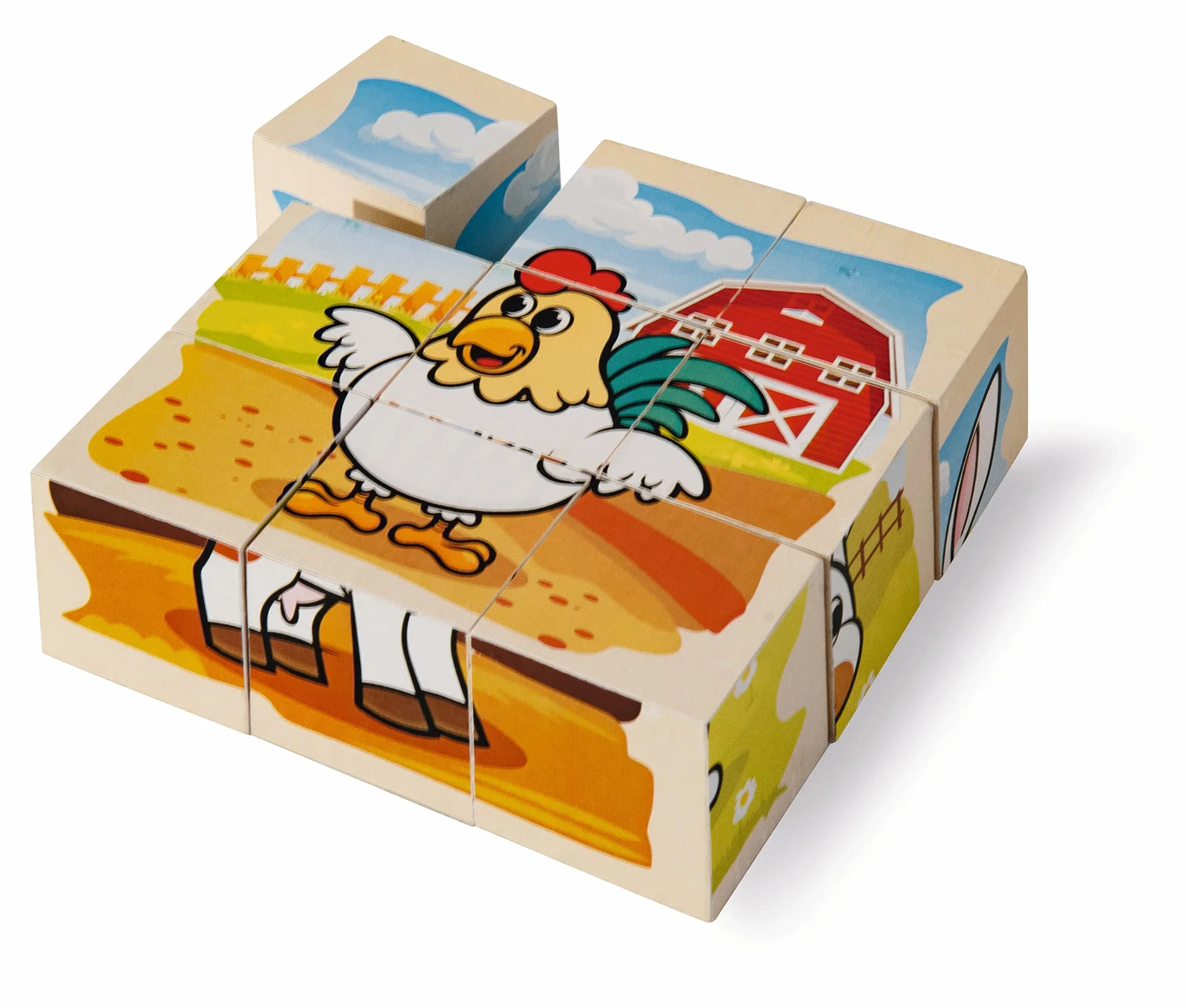 Eichhorn - Kostki z obrazkami, gospodarstwo rolne, 9 klocków z 6 motywami, w zestawie szablon, 9-częściowy, rozmiar 10,5 x 10,5 cm, ze 100% drewna sosnowego z certyfikatem FSC, od 2 lat