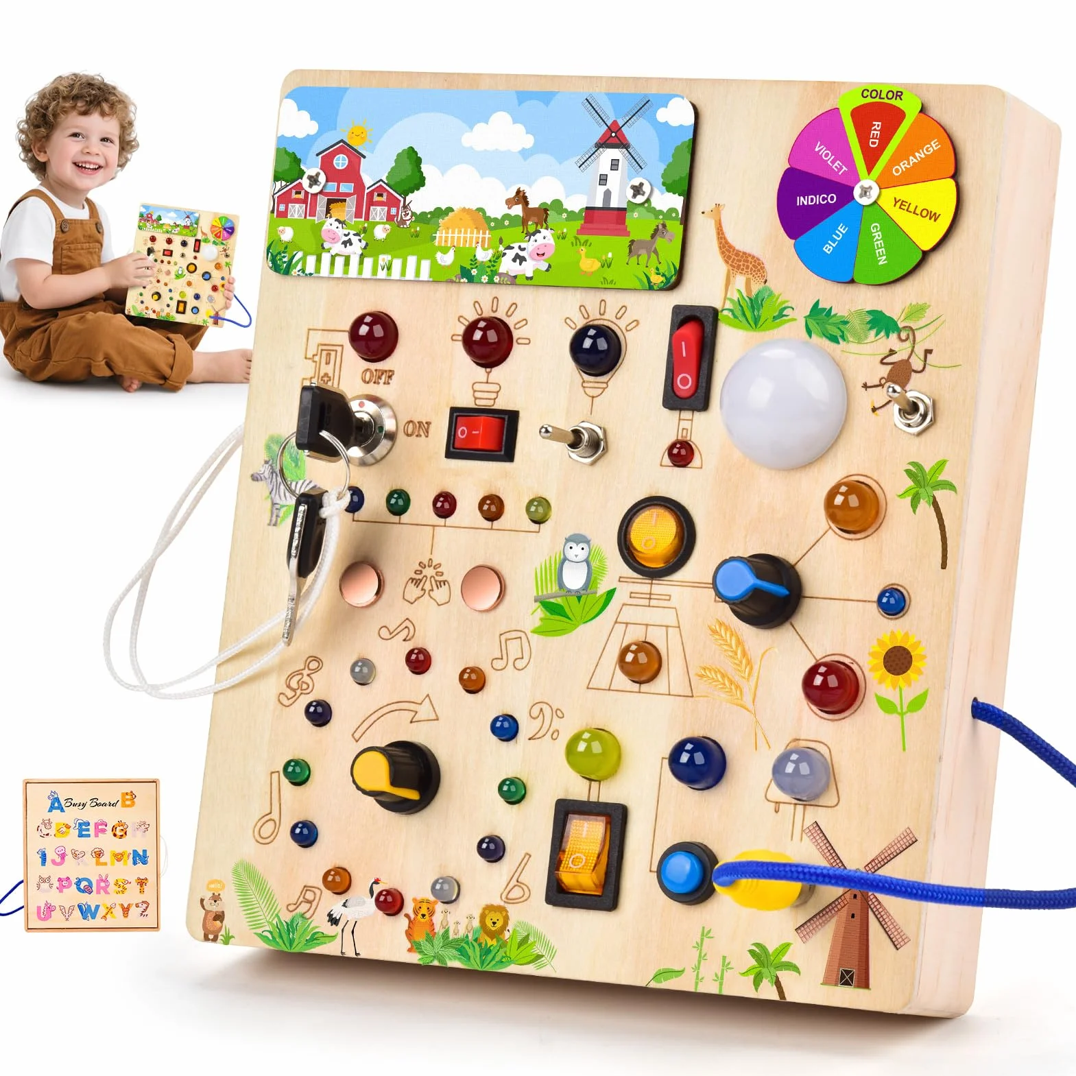 Fwiull Montessori zabawka od 1 roku, Baby Montessori Busy Board, deska do aktywności od 2 lat, zabawka motoryczna z 29 włącznikami światła LED, zabawka sensoryczna do nauki, odpowiednia dla 1, 2, 3, 4