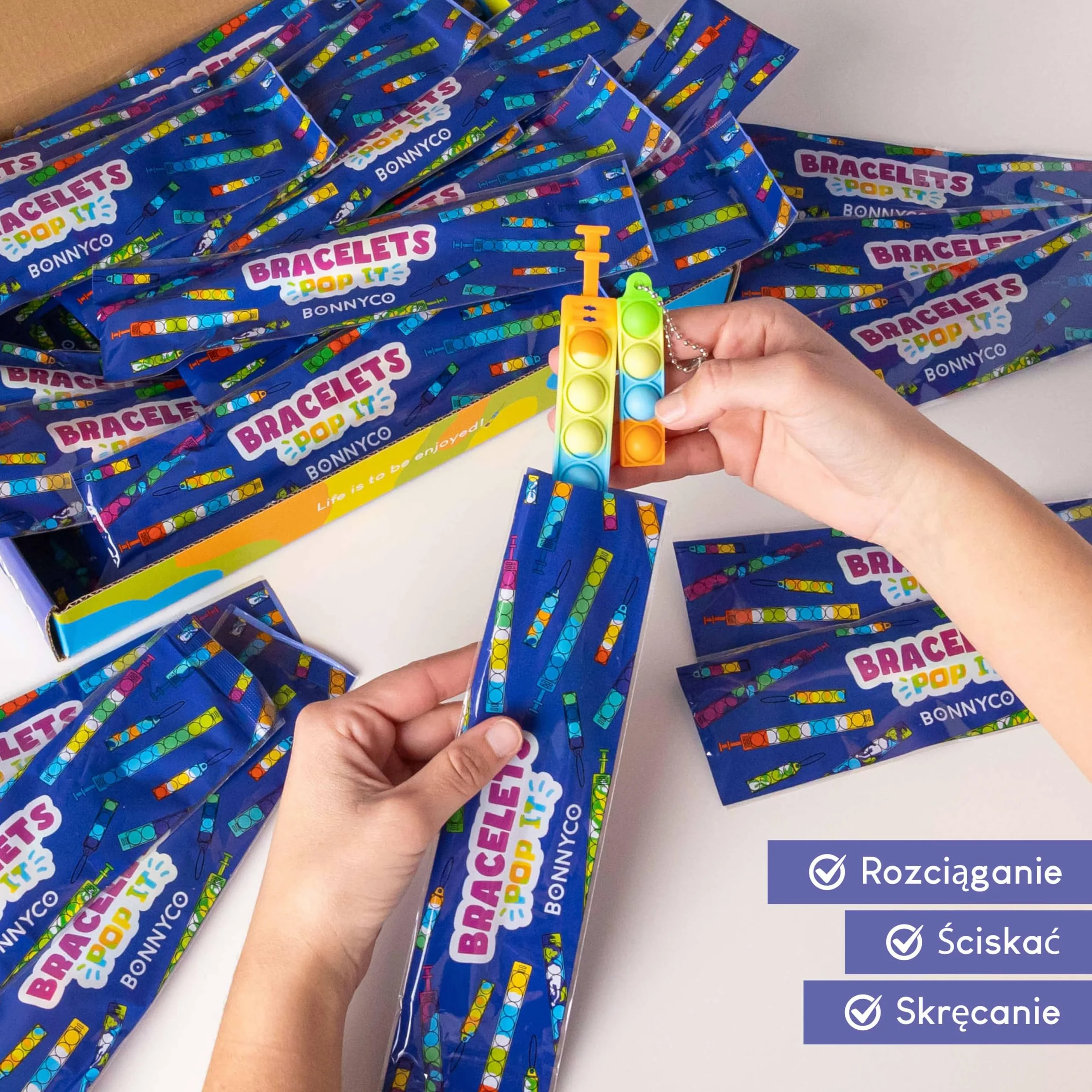 BONNYCO Bransoletki i Breloczki Pop It do Wypełniania Worków na Imprezę dla Dzieci Unisex 30 Szt. Wypełnienie Worków Imprezy, Zabawki Antystresowe, Upominki na Przyjęcie Dziecięce