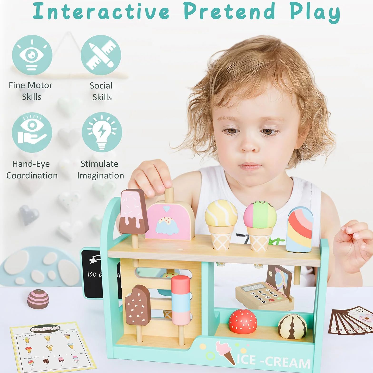 Drewniana zabawka do lodziarni dla dzieci, Drewniana zabawka do lodów dla dziewczynek w wieku 3, 4, 5 i 6 lat, Akcesoria kuchenne, Drewniana zabawka Montessori, Prezent dla dziewczynek i chłopców