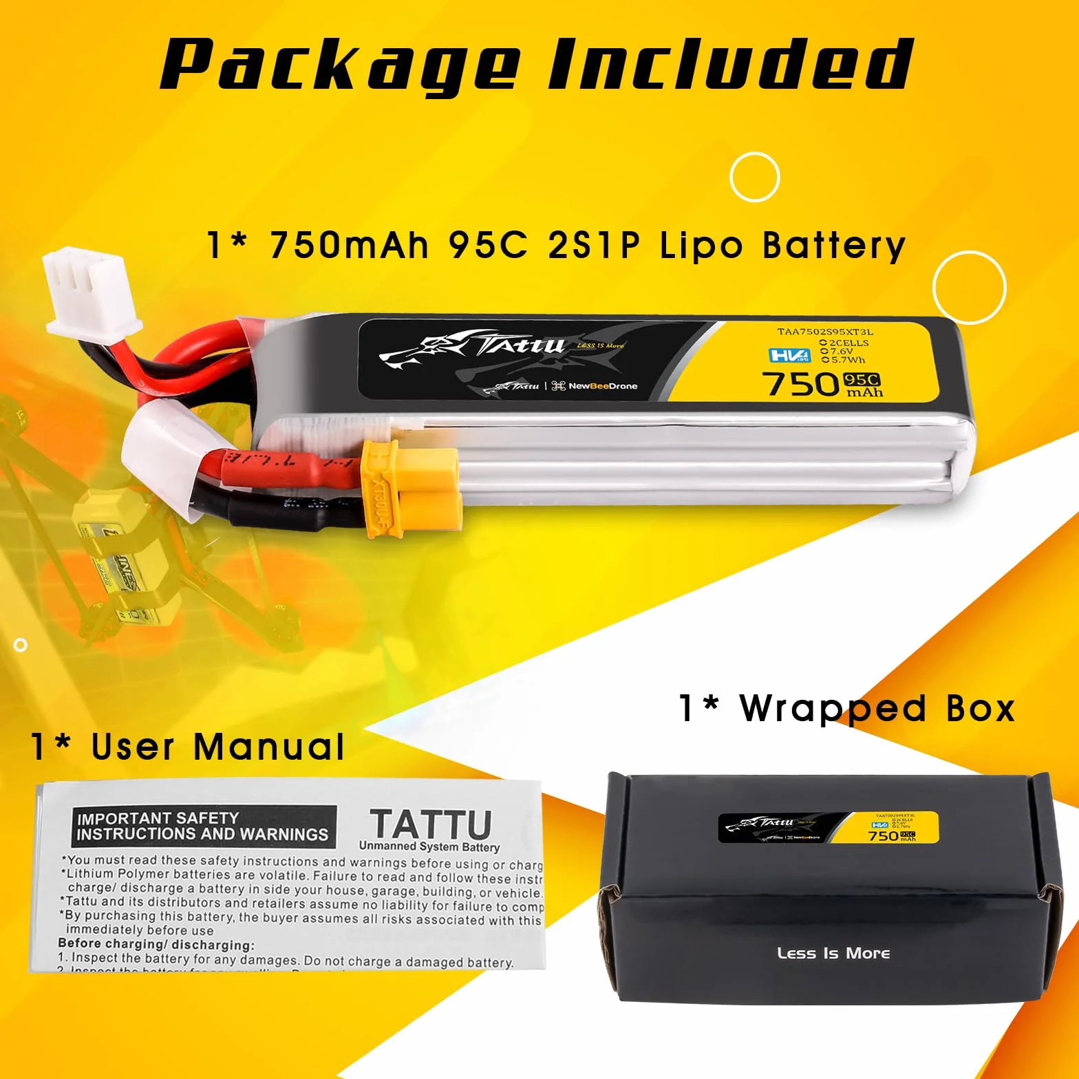 TATTU 2s Lipo akumulator 750mAh 95C 7.6 V HV LiPo Długa kumulator z wtyczką XT30 do samochodu Quadrocopter wyścigowy FPV H z ramą UAV