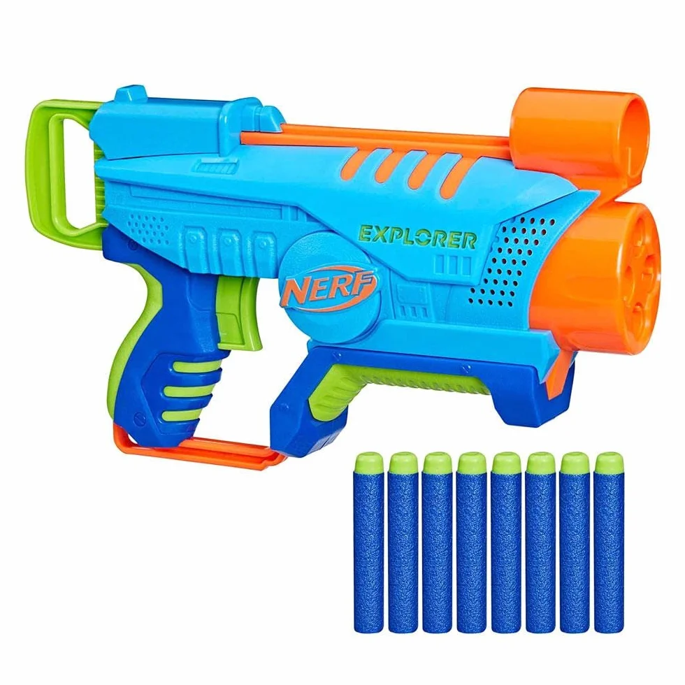 Wyrzutnia Nerf Elite Jr Explorer, łatwa w obsłudze wyrzutnia, łatwe trzymanie, ładowanie i strzelanie, 8 strzałek Nerf Elite, zabawkowe piankowe wyrzutnie dla chłopców i dziewczynek w wieku od 6 lat