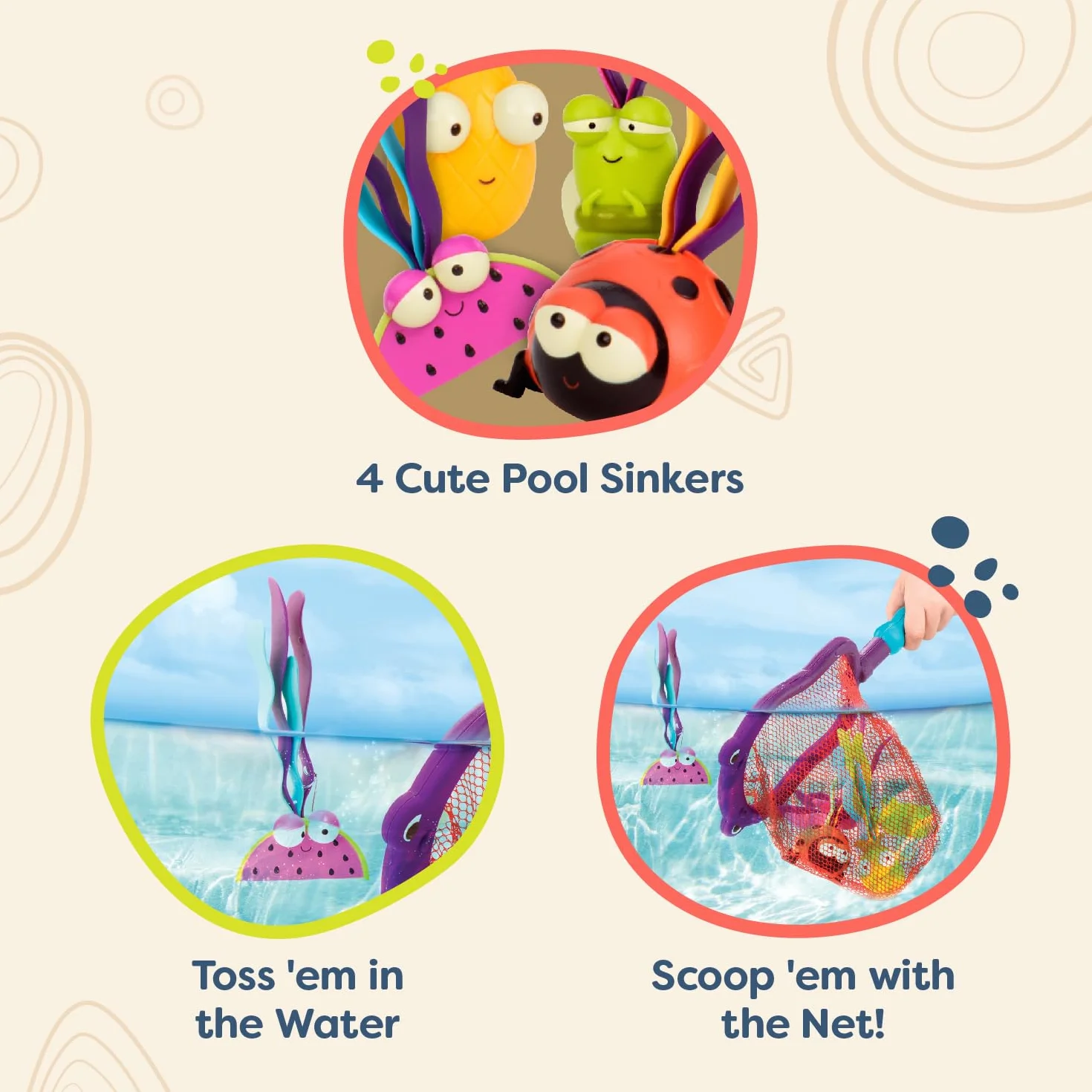 B. toys by Battat – Hippo Scoop-a-Diving Pool Toys - 1 siatka hipopotamska i 4 zabawki wodne dla dzieci 3+ (5 sztuk)