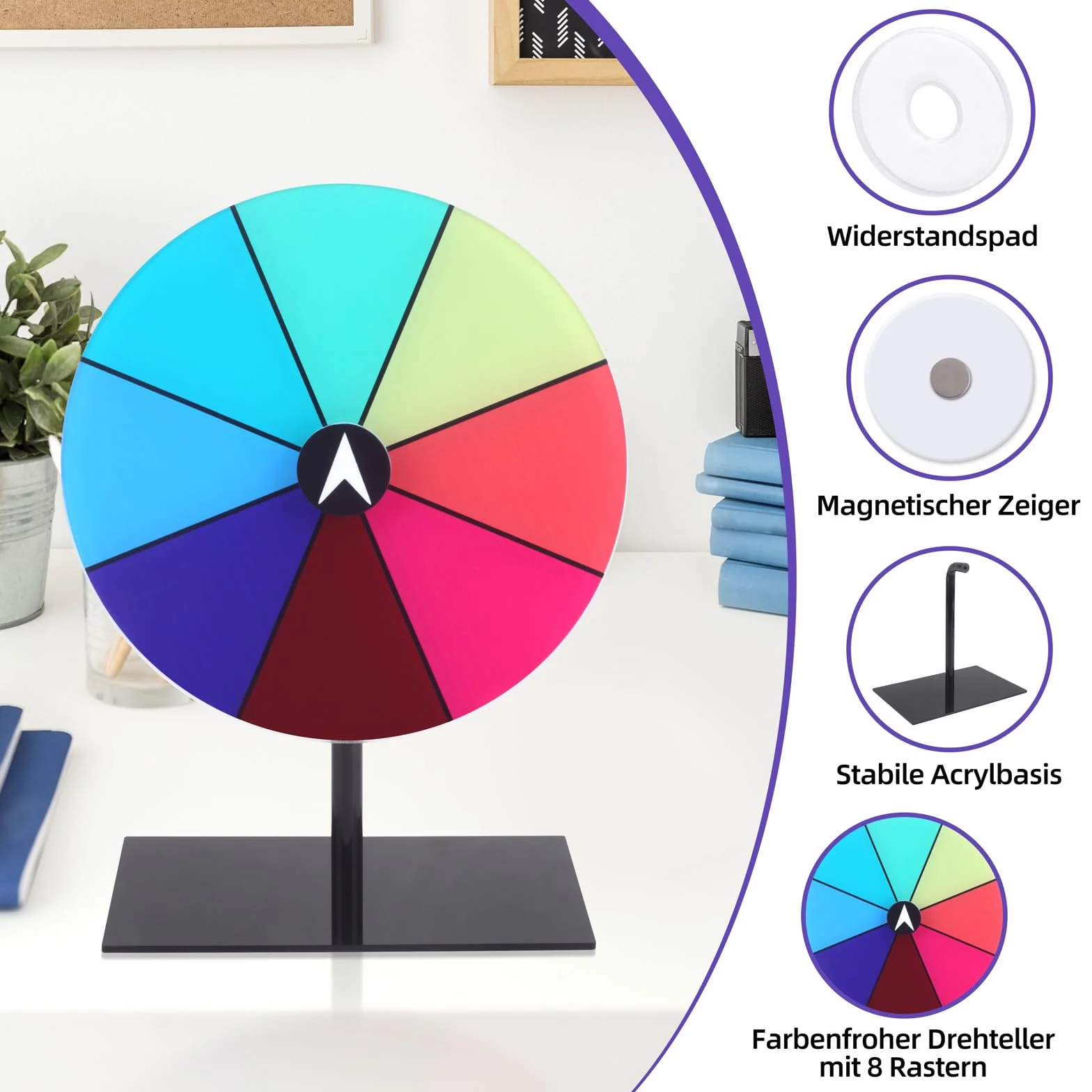 Koło szczęścia do obracania, 20 cm, wielokrotnego użytku, 8 kółek spinningowych, do samodzielnego ozdobienia, z markerem i zdejmowanym stojakiem, na imprezę targową, karnawał