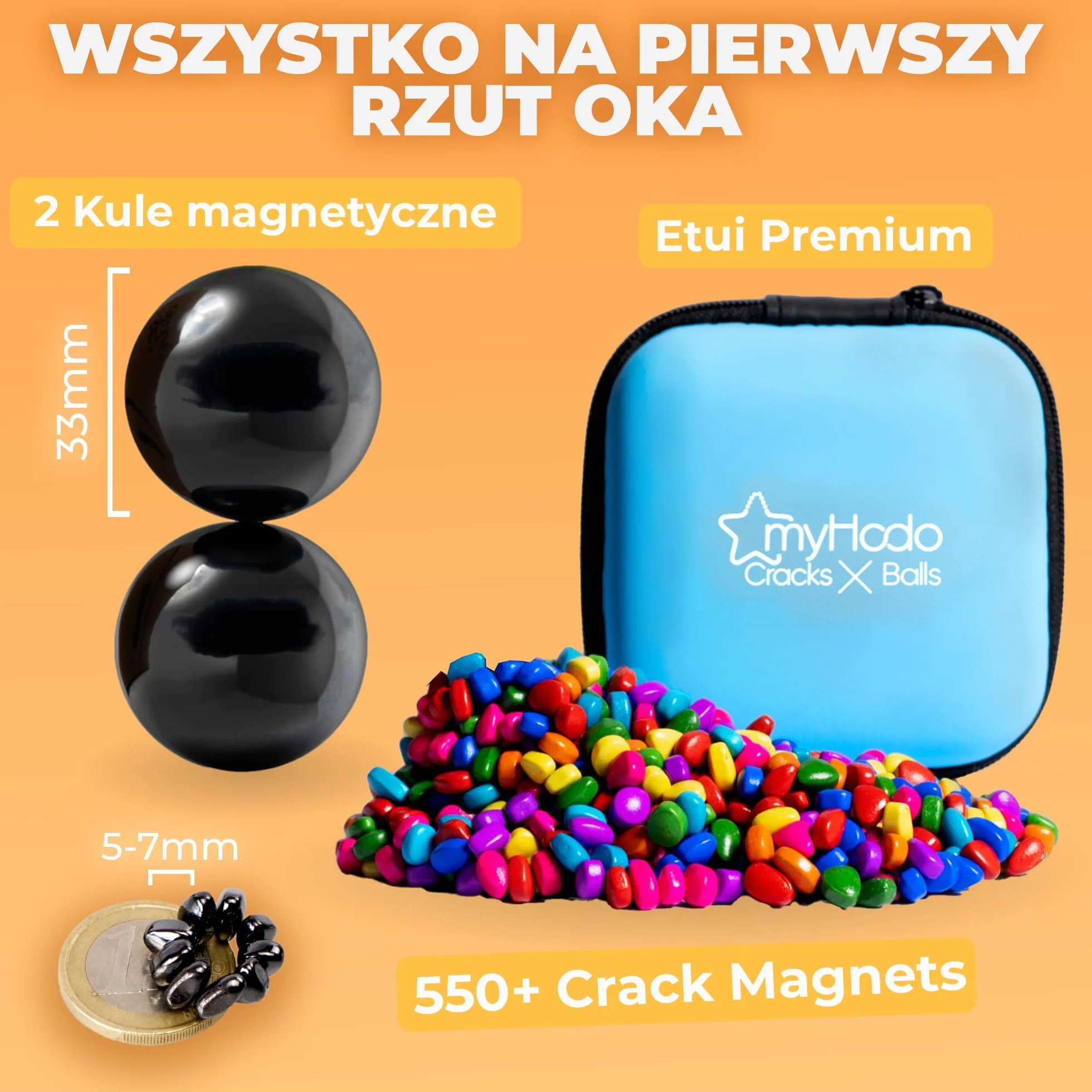 myHodo Crack Magnets Zestaw | 2x Sfery Magnetyczne (33 mm) i 550+ Kolorowych Kamieni (~6 mm) | Dotykowy Zestaw do ASMR, Antystresu i Kreatywności | Prezent Antystresowy | Skupienie i Relaks