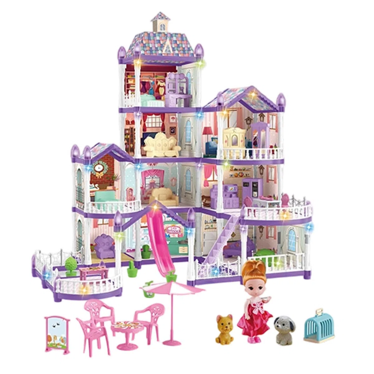 Domki dla lalek 4 Poziomy 13 Pomieszczeń Miniaturowa Willa Do Samodzielnego | 3 Księżniczki, 2 Szczeniaki, Meble i Akcesoria Zestaw Domku do Zabawy Dla Dziewczynek 4-6 Lat w Dom
