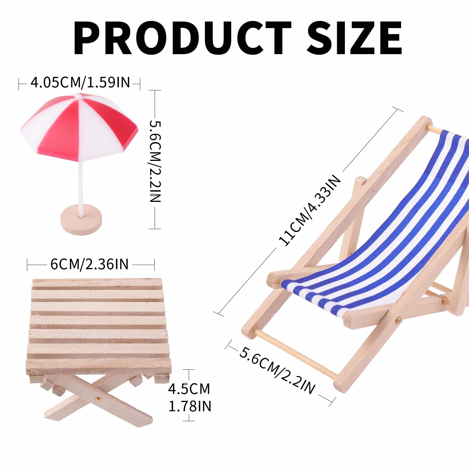 Cobee Miniaturowe krzesło plażowe do domku dla lalek, 4 szt., 1:12, plaża, miniaturowy domek dla lalek, dekoracja na zewnątrz, mini lalka, podwójne leżaki, parasol, stół do samodzielnego wykonania