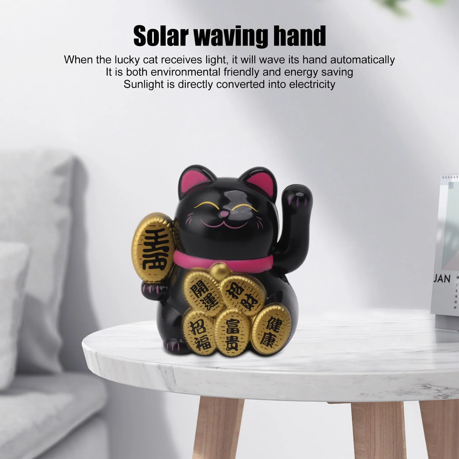 Solar Machający Kot, Bogactwo Lucky Cat, Fortune Cat for Home Car Office, Wave Arm Powodzenia, Energetyczne Dekoracje Biurka, z funkcją Wykrywania światła Słonecznego, Prezentem (01)