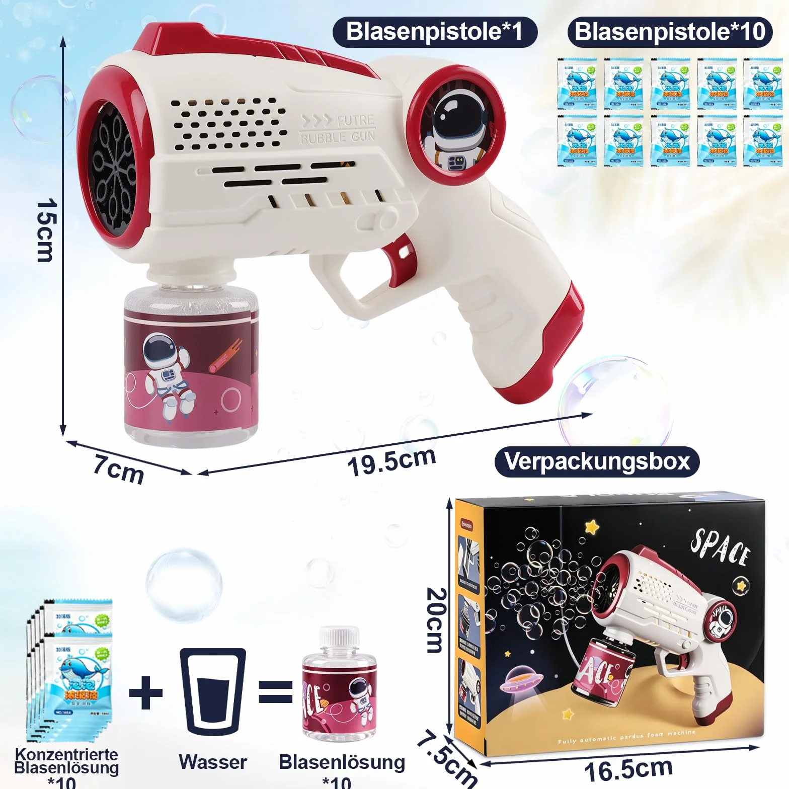 Maszyna do baniek mydlanych dla dzieci, pistolet do baniek mydlanych z oświetleniem LED i zbiornikiem 100 ml, automatyczny pistolet do baniek mydlanych, 10 opakowań w płyn, do zabawy na świeżym
