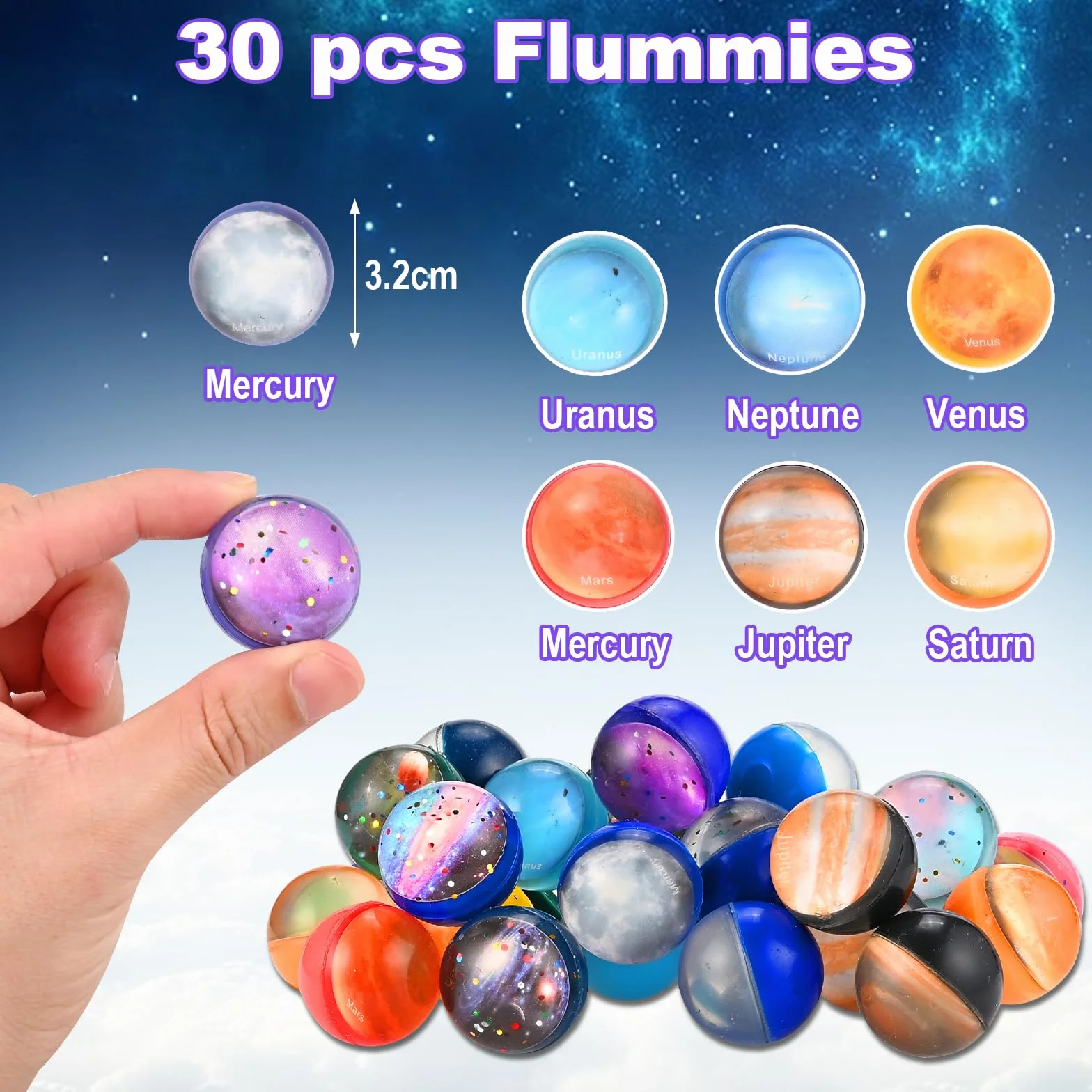 GOLDGE Flummies 30 sztuk gumowych piłek dla dzieci, nadaje się jako upominek na urodziny dziecka, 32 mm piłka do skakania na prezent dla gości, wypełnienie rożka szkolnego pinata